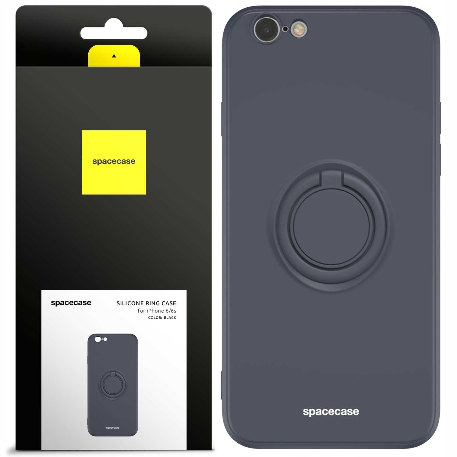 Czarne etui i pudełko. Etui jest dla iPhone 6/6s. Marka to 'spacecase'.