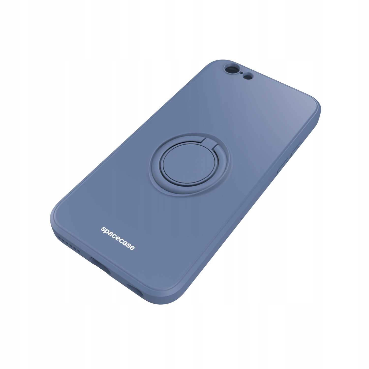 Niebieskie etui na telefon z uchwytem na palec. Widoczna nazwa marki 'spacecase'.
