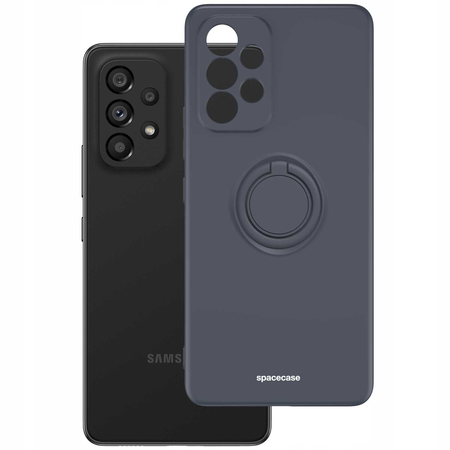 Telefon i czarne etui. Telefon jest czarny. Etui posiada uchwyt na palec.