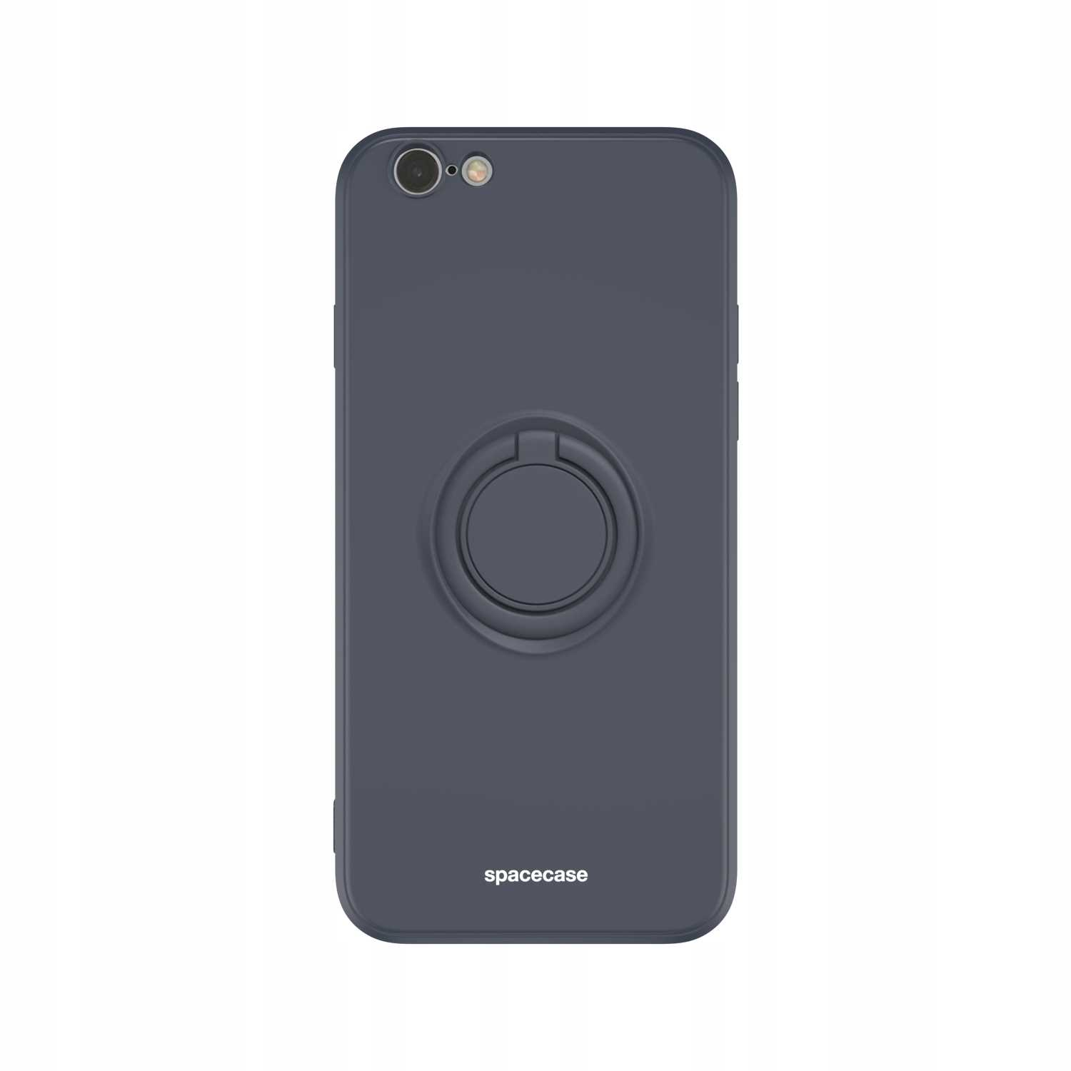Ciemnoszara obudowa telefonu z uchwytem na pierścień. Logo Spacecase na dole.