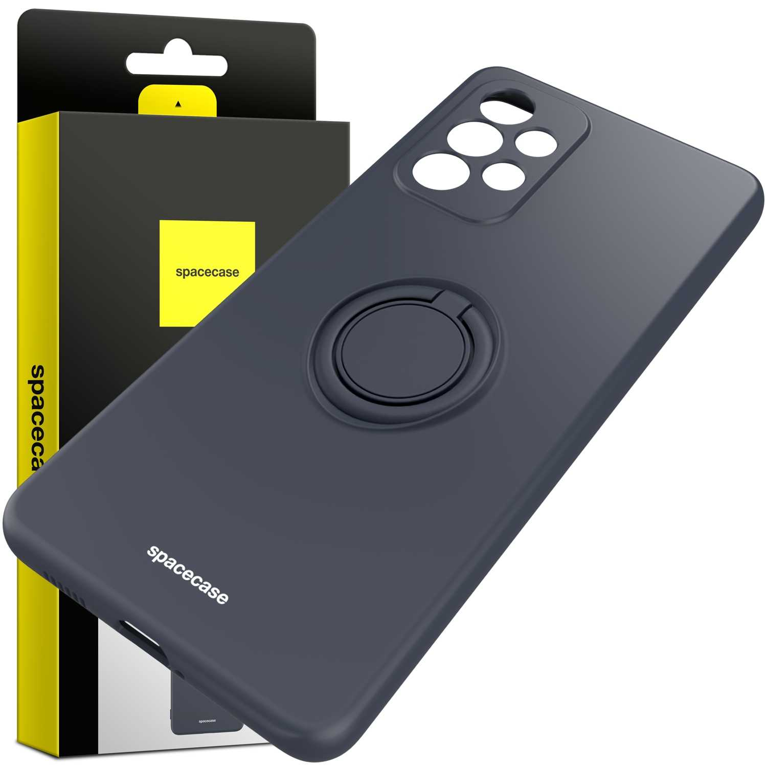 Ciemnoszara obudowa telefonu z uchwytem na pierścień i pudełkiem. Widoczne logo Spacecase.