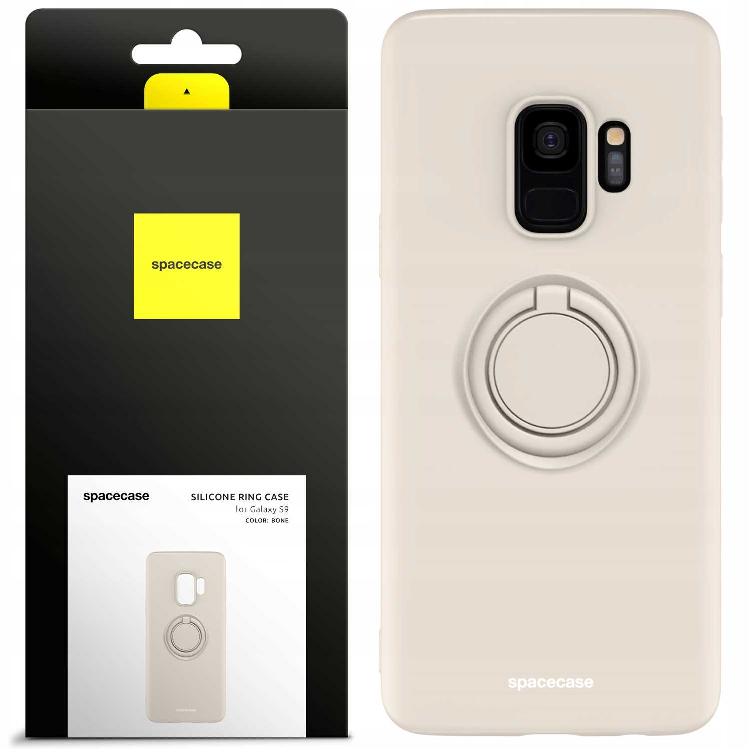 Kremowe etui na telefon z uchwytem na pierścień, pudełko. Tekst: Silikonowe etui na pierścień dla Galaxy S9, kolor kości.
