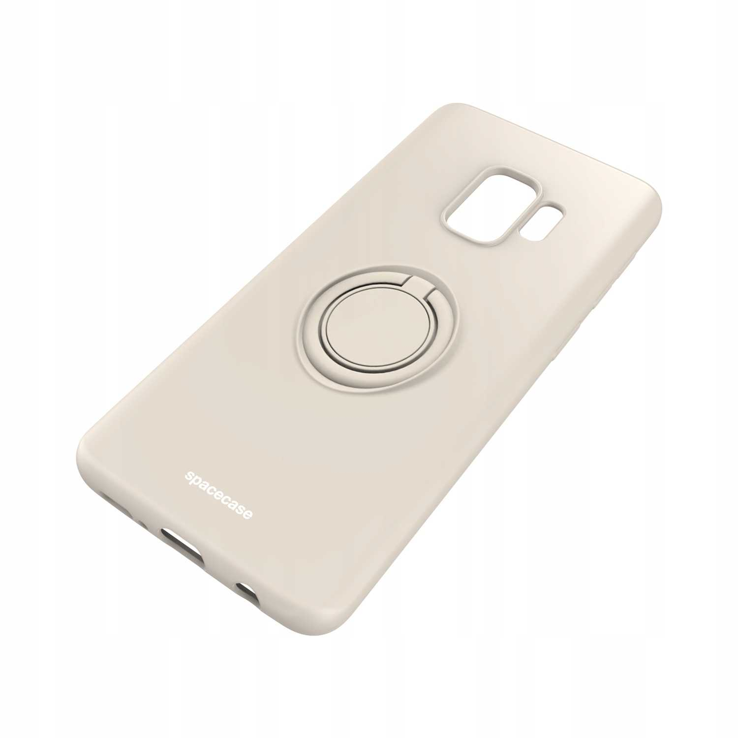 Kremowe etui na telefon z uchwytem na pierścień. Widoczne logo Spacecase.