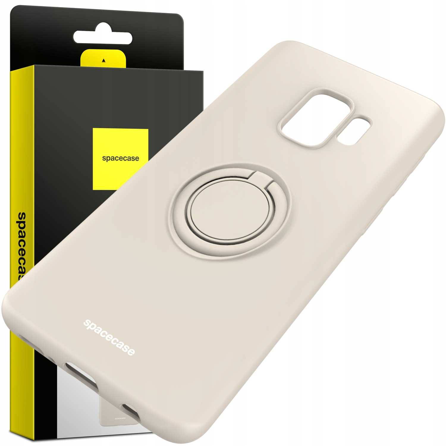 Jasne beżowe etui z uchwytem na pierścień i pudełkiem. Pudełko czarno-żółte, z 'spacecase'.