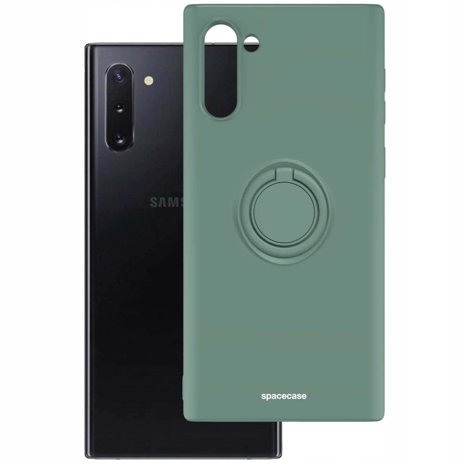 Zielone etui z pierścieniem obok czarnego telefonu. Marka 'spacecase'.