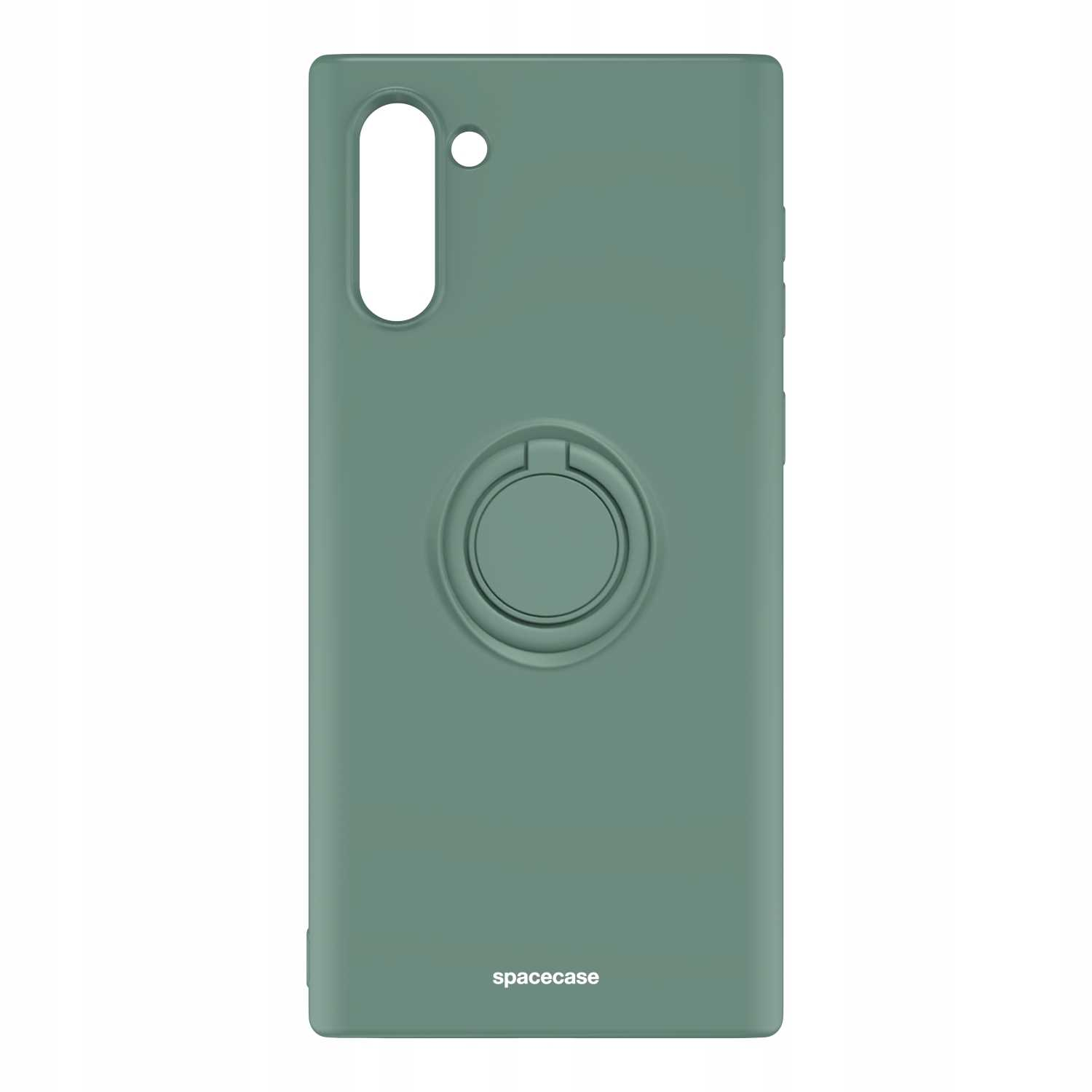 Zielone etui na telefon z uchwytem na palec. Otwór na aparat. Marka: 'spacecase'.