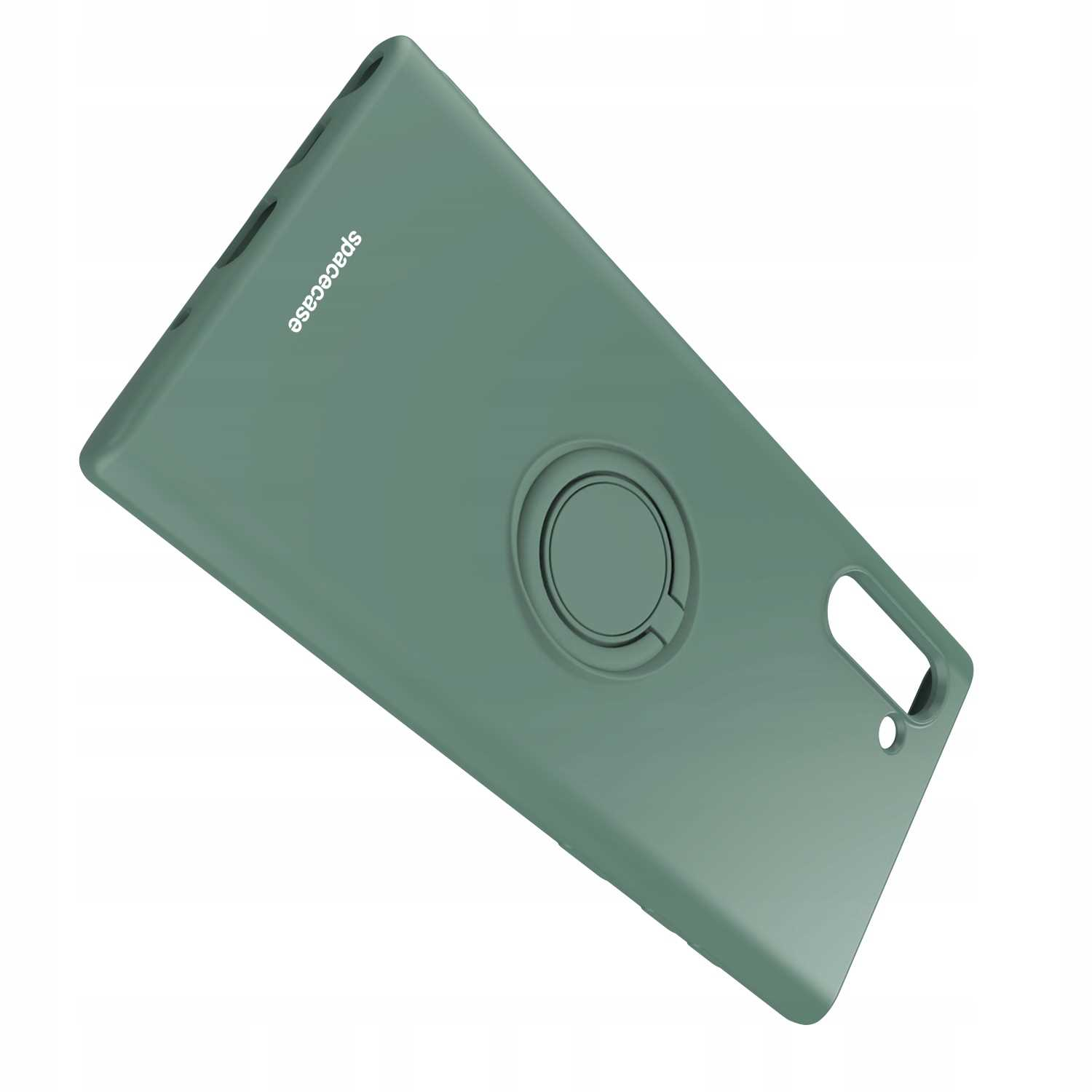 Zielone etui z uchwytem na palec. Marka: 'spacecase'. Etui ma otwór na aparat.
