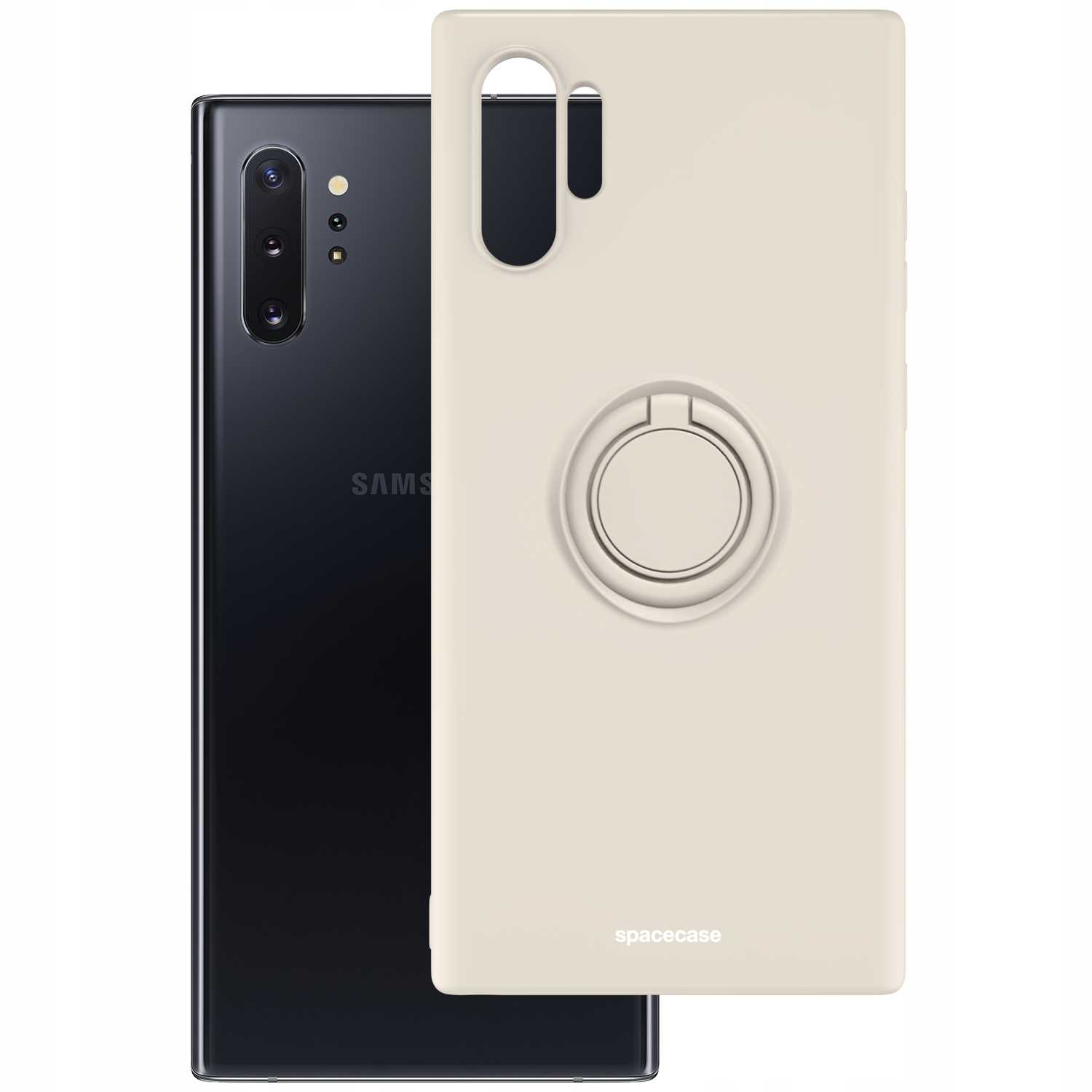 Beżowe etui z uchwytem na palec obok czarnego telefonu. Marka: 'spacecase'.