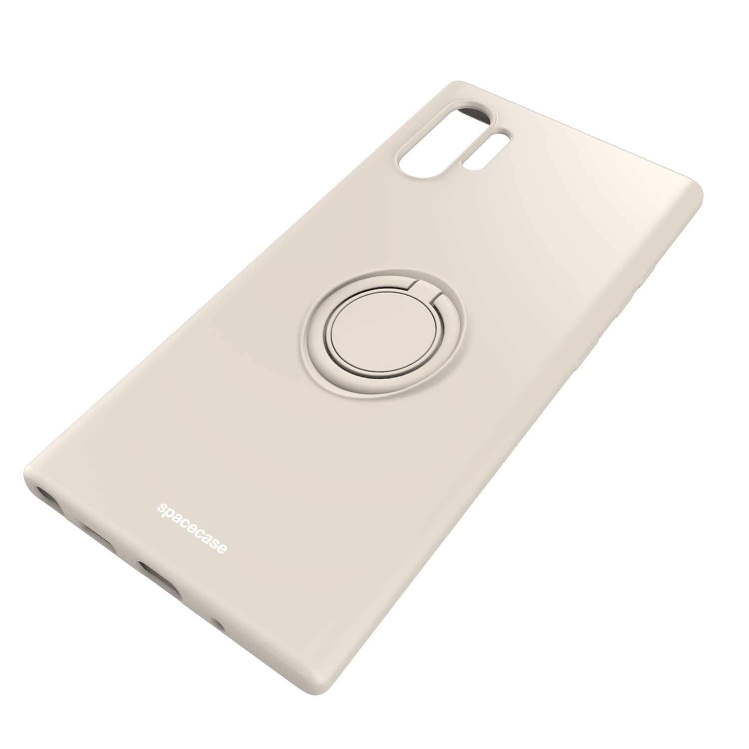 Beżowe etui na telefon z uchwytem na pierścień. Widoczna marka 'spacecase'.