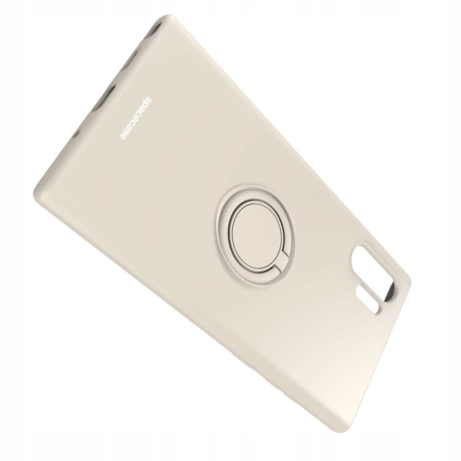 Beżowe etui na telefon z uchwytem na pierścień. Etui na białym tle. Widoczne logo spacecase.
