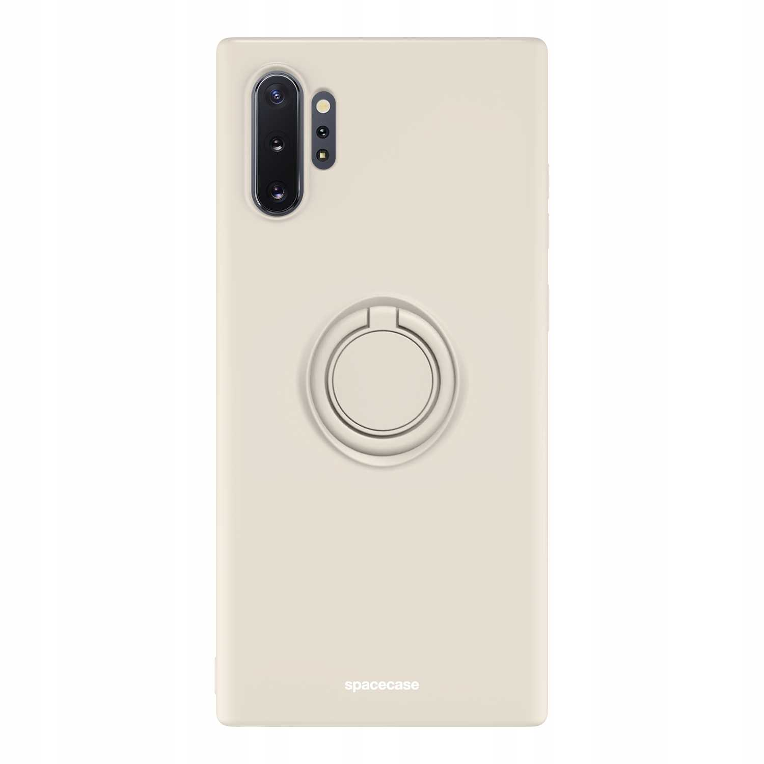 Beżowe etui na telefon z uchwytem na pierścień. Widoczna marka 'spacecase'.