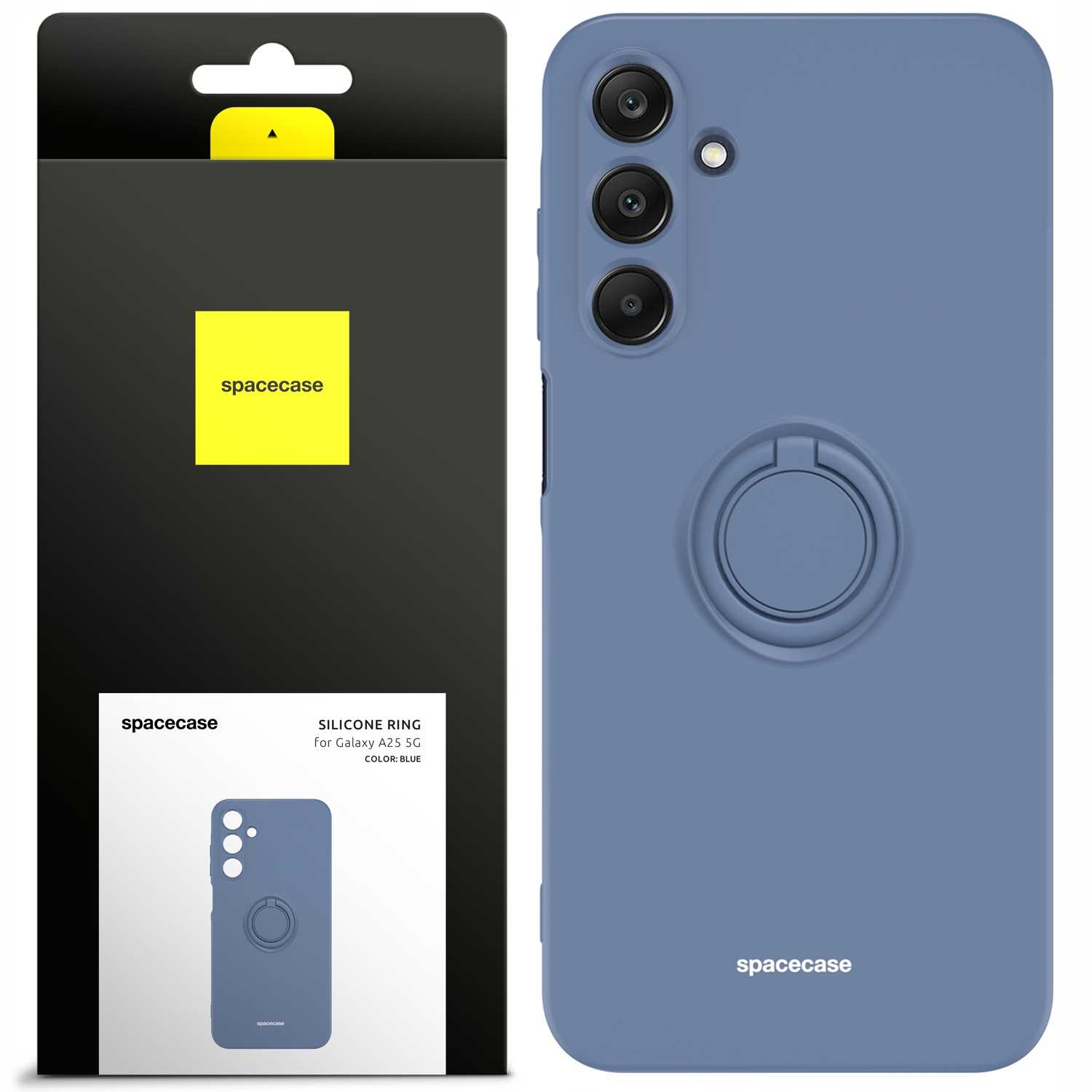 Niebieskie etui na telefon z uchwytem na pierścień, w pudełku. Logo Spacecase.