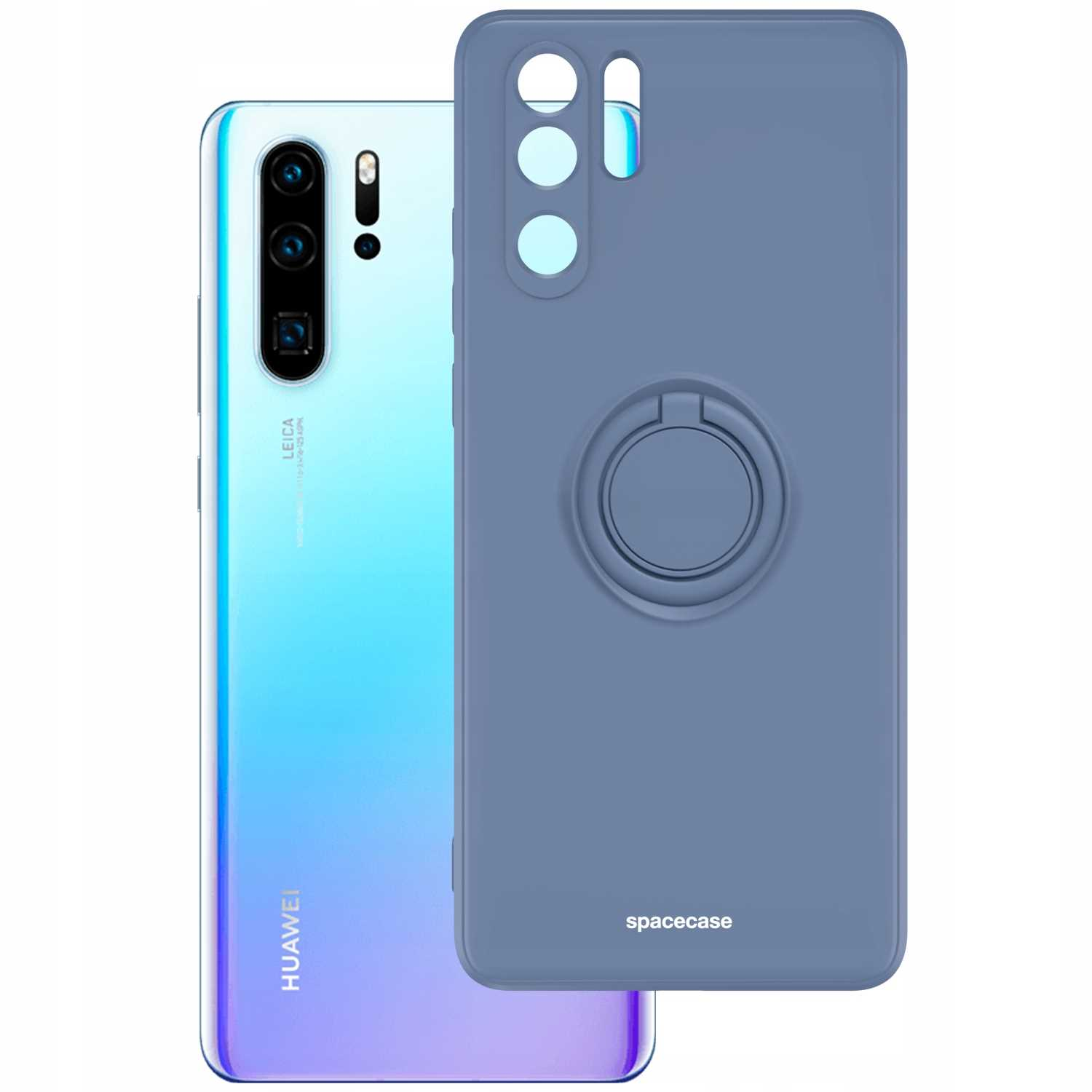 Niebieskie etui z pierścieniem. Marka 'spacecase'. Telefon z boku.