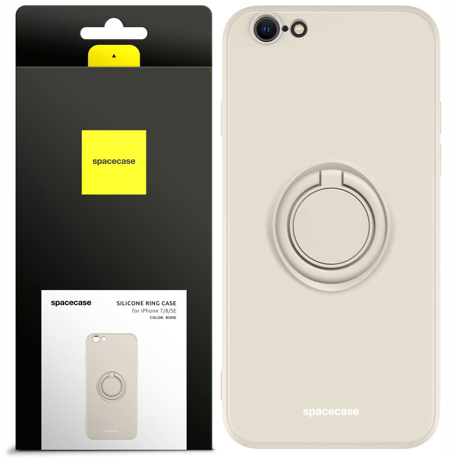 Beżowe etui na telefon z uchwytem na pierścień, w pudełku. Logo Spacecase.