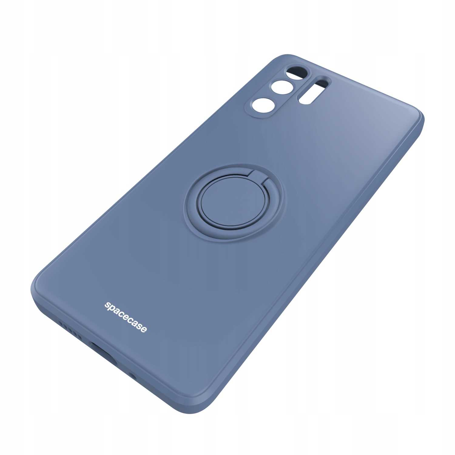 Niebieskie etui na telefon z uchwytem na pierścień. Widoczne logo spacecase. Etui na białym tle.