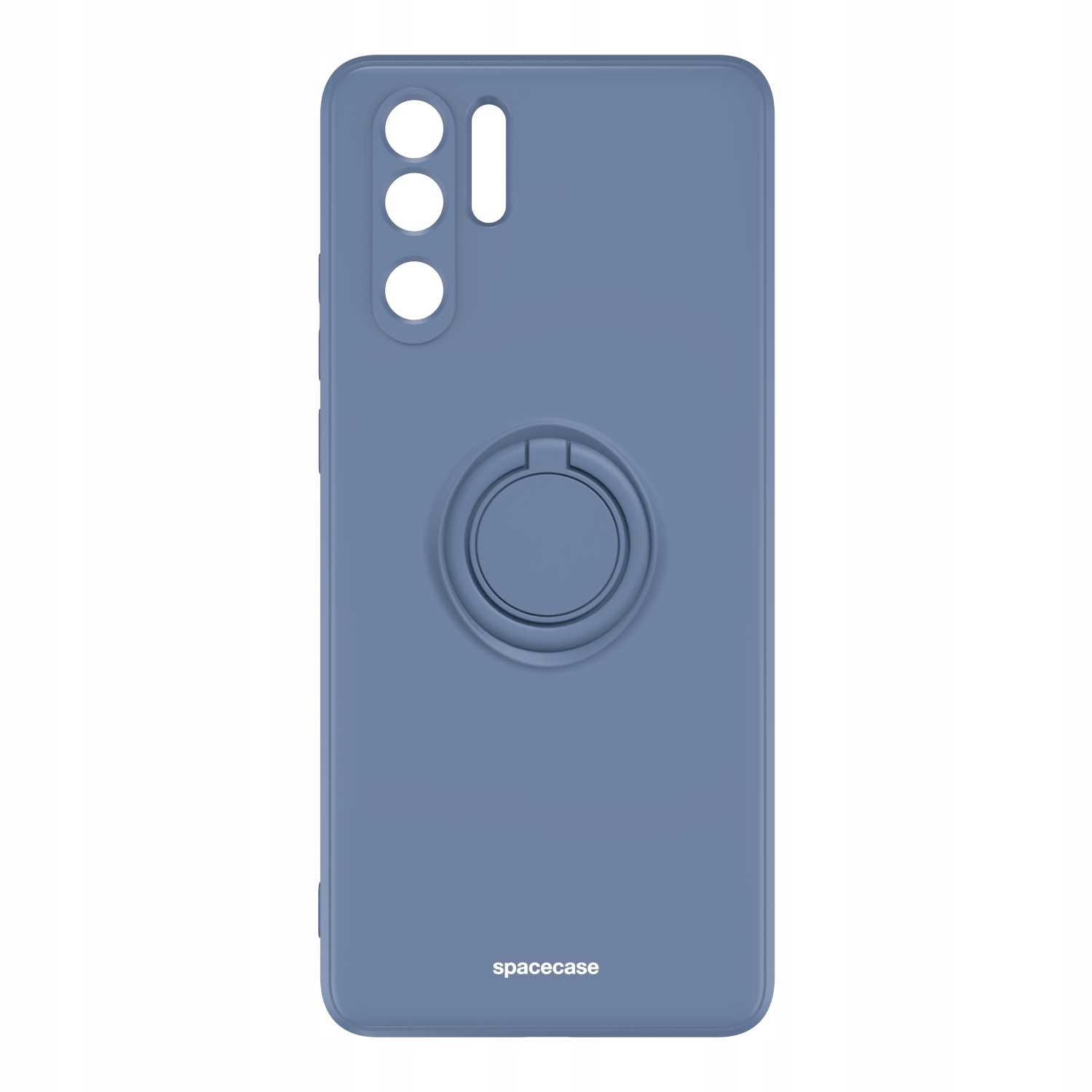 Niebieskie etui na telefon z uchwytem na pierścień. Etui na białym tle. Widoczne logo spacecase.