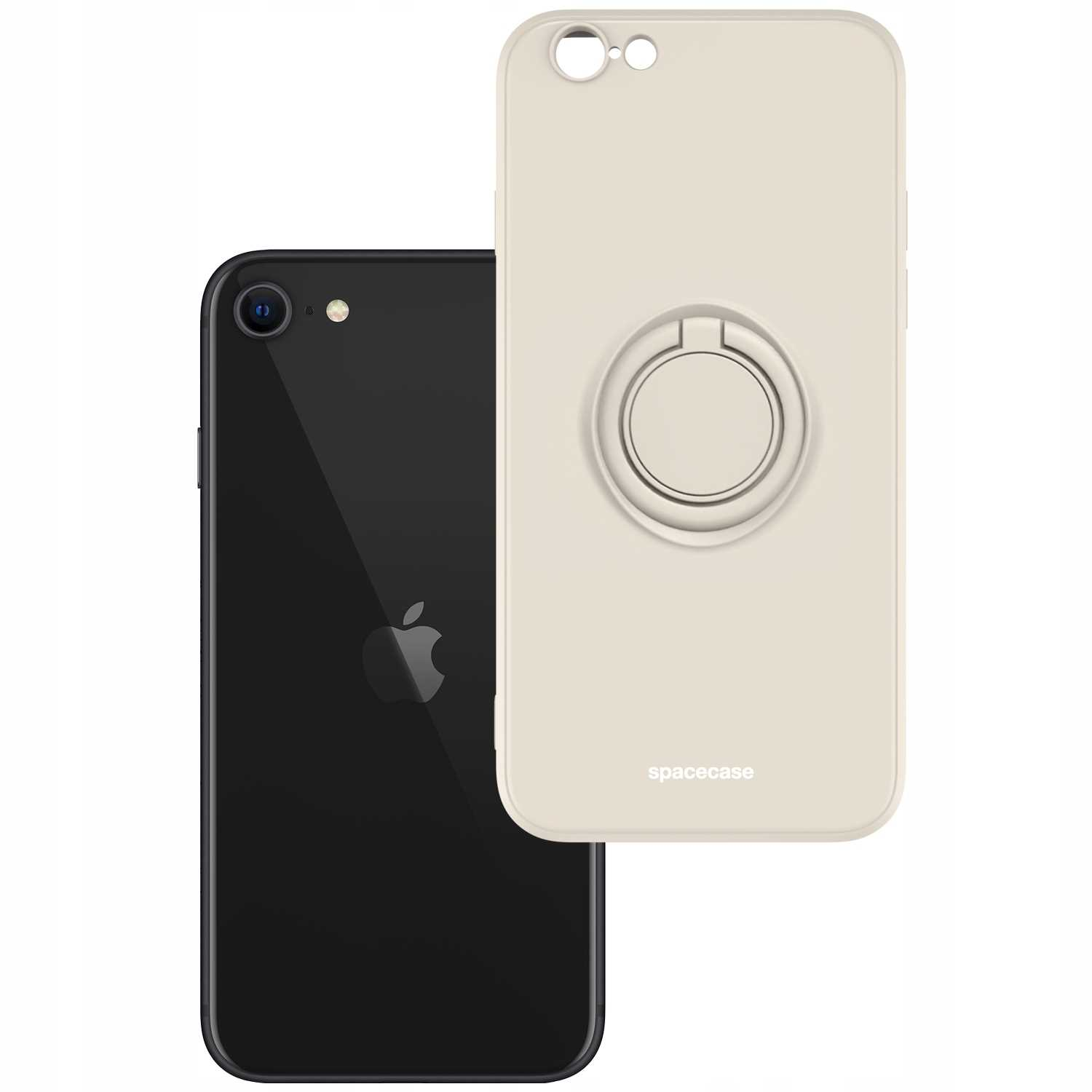 Czarny iPhone i beżowe etui na telefon z uchwytem na pierścień. Etui obok telefonu na białym tle.