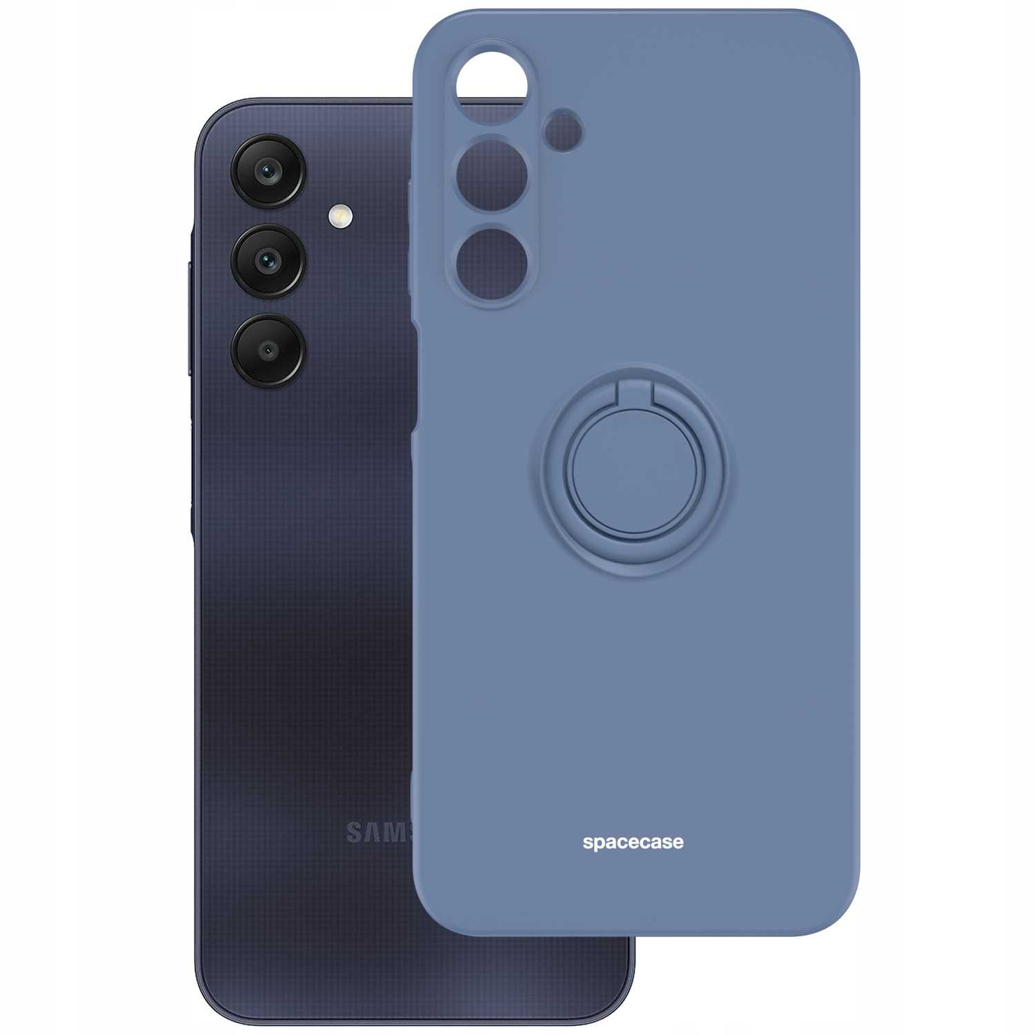 Ciemnoniebieski telefon Samsung z niebieskim etui. Etui posiada uchwyt na pierścień i logo spacecase.