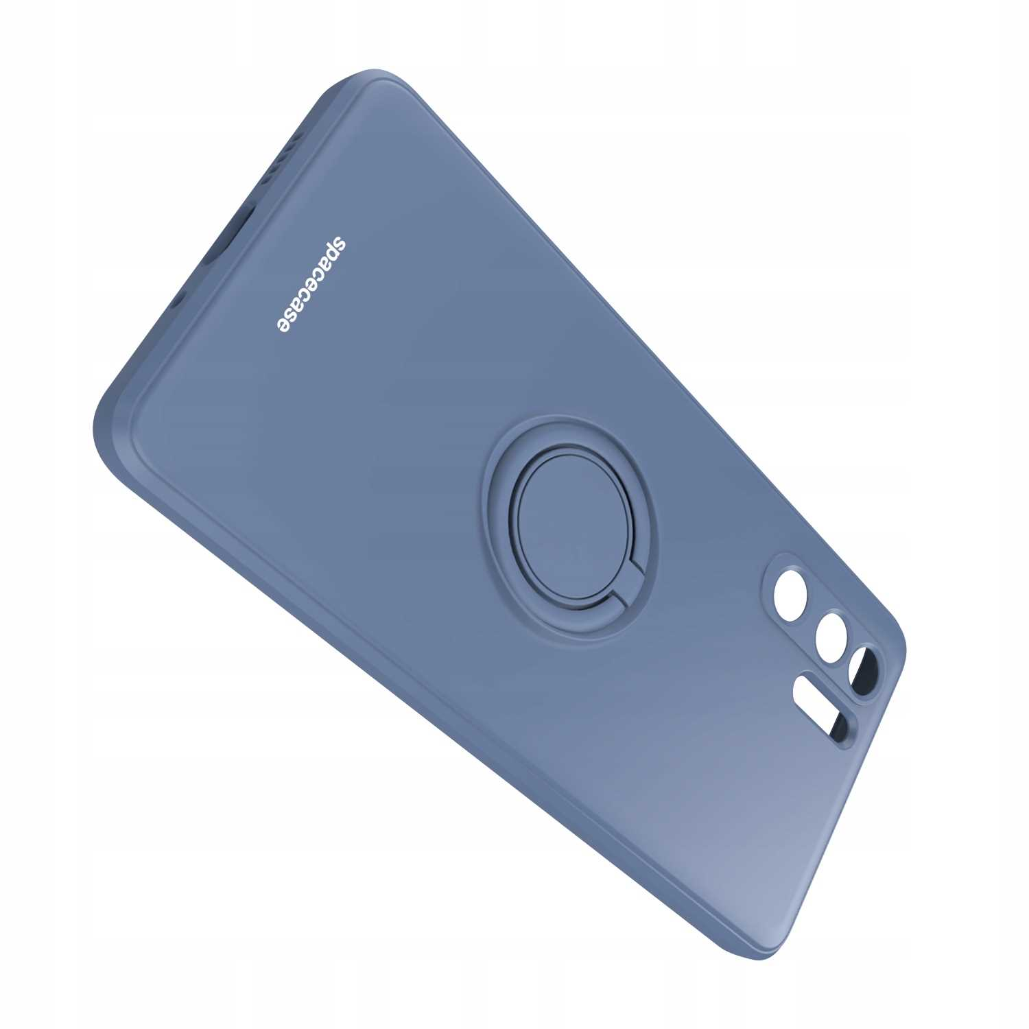 Niebieskie etui na telefon z uchwytem na pierścień. Widoczne logo spacecase. Etui na białym tle.