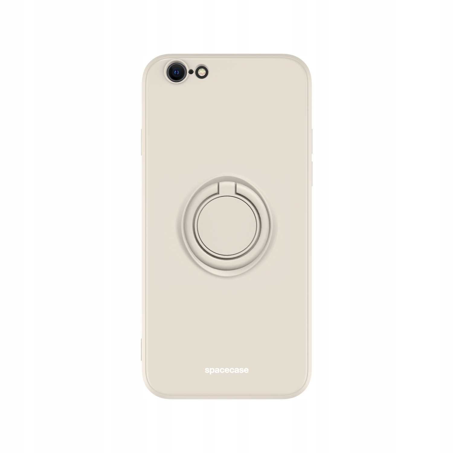 Beżowe etui na telefon z uchwytem na pierścień. Logo Spacecase. Białe tło.