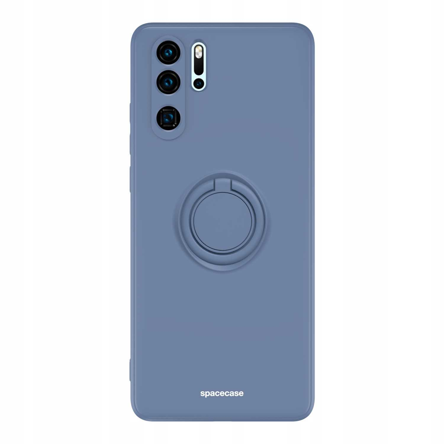 Niebieskie etui na telefon z uchwytem na pierścień. Widoczne logo spacecase. Etui na białym tle.