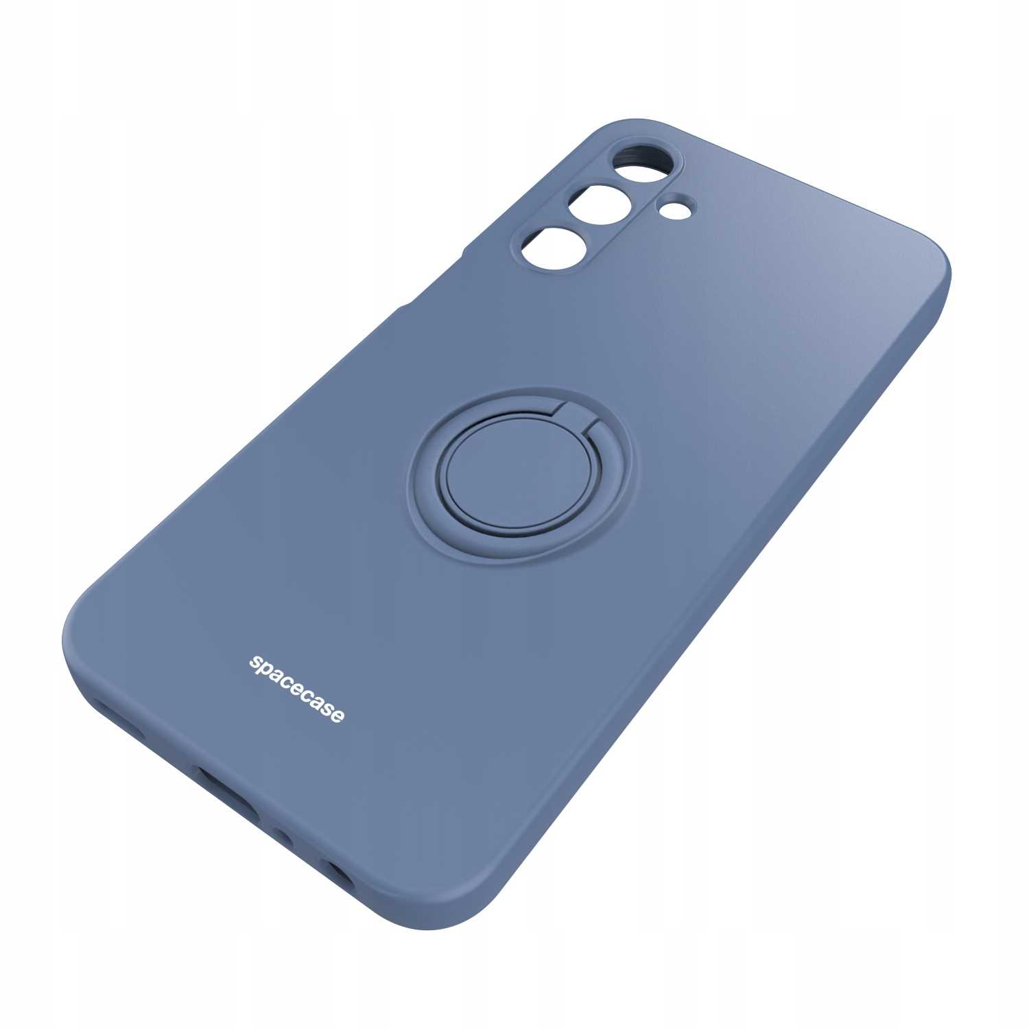 Niebieskie etui na telefon z uchwytem na pierścień. Logo Spacecase. Widok z kąta.