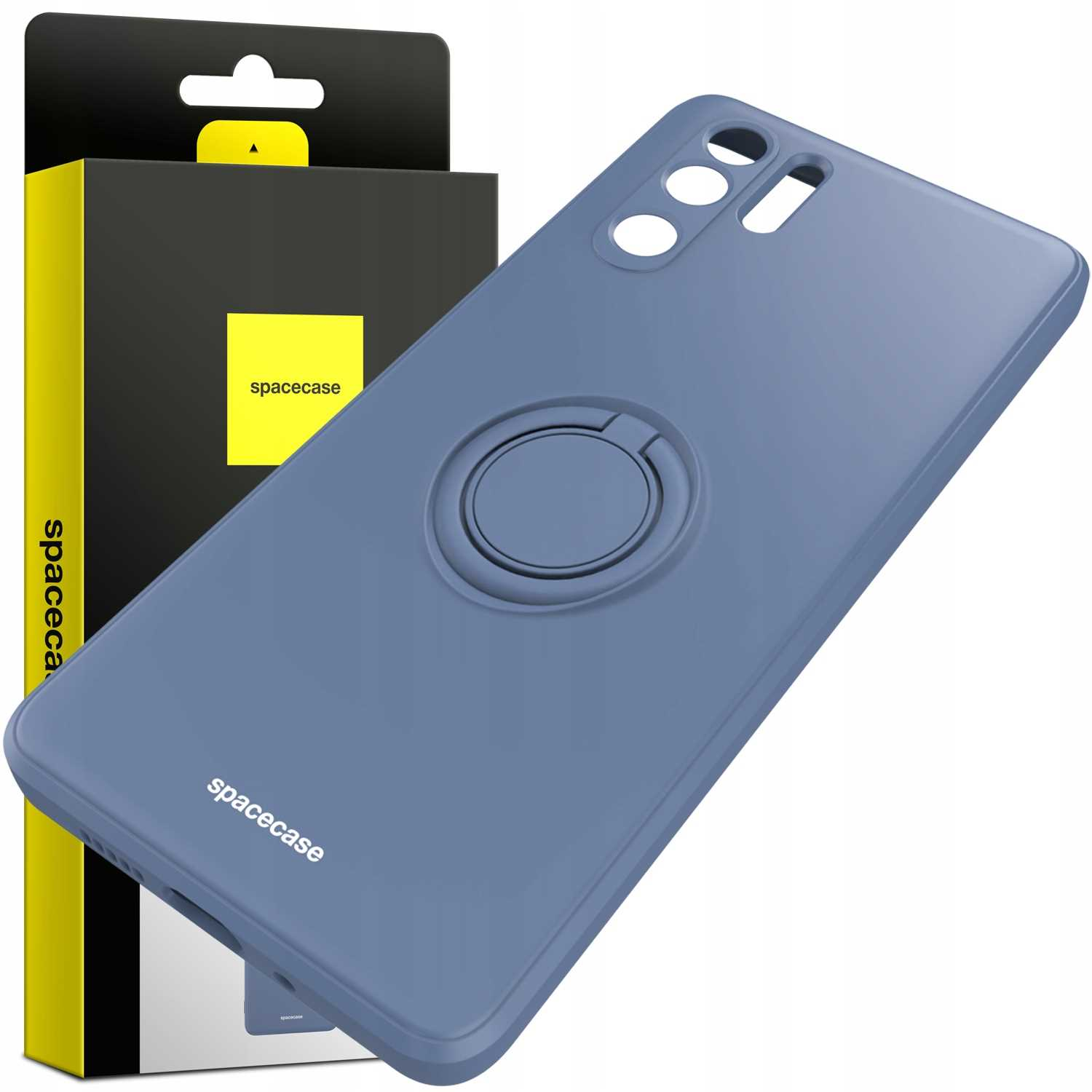 Niebieskie etui na telefon z uchwytem na pierścień i pudełkiem, z marką 'spacecase'.