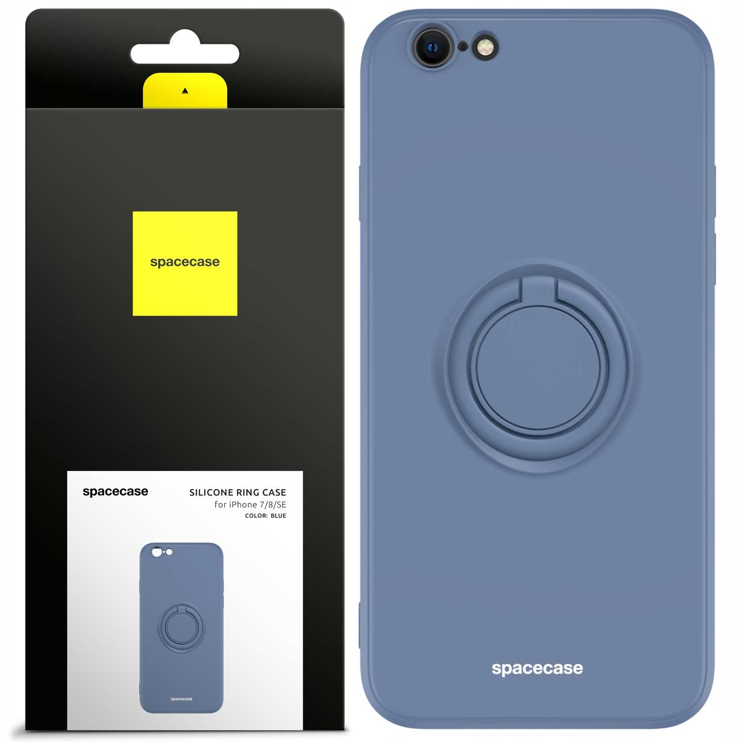 Niebieskie etui na telefon z uchwytem na pierścień i pudełkiem, z marką 'spacecase'.
