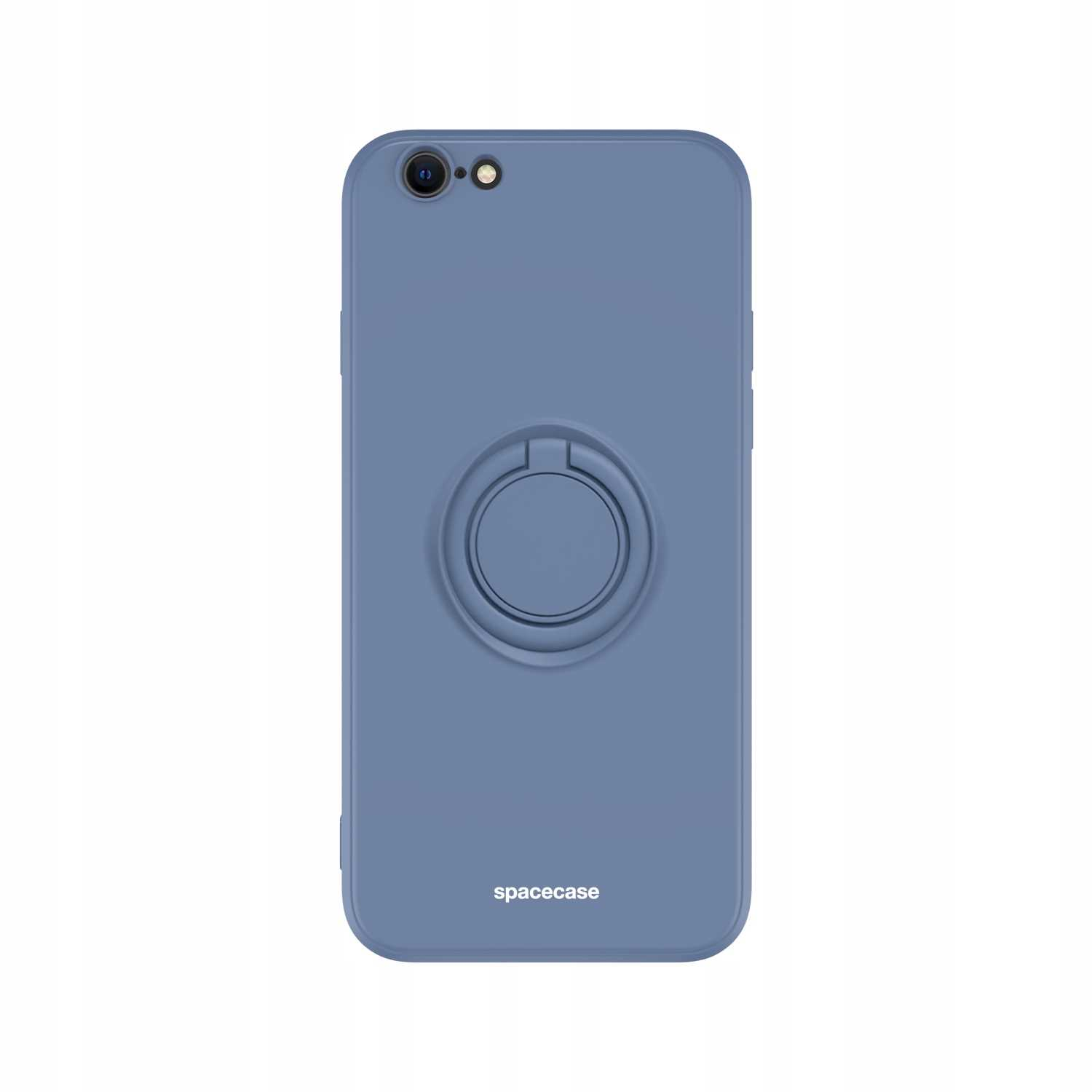 Niebieskie etui na telefon z uchwytem na pierścień. Logo Spacecase. Białe tło.