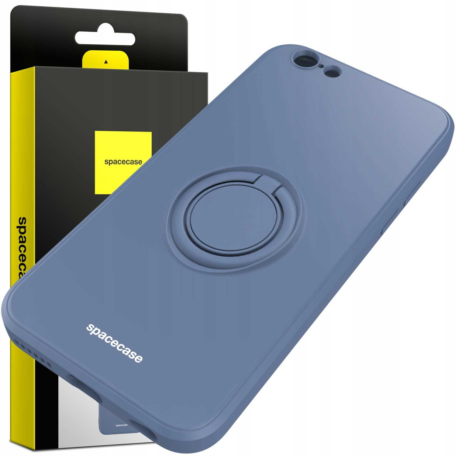 Niebieskie etui na telefon z uchwytem na pierścień i pudełkiem, z marką 'spacecase'.