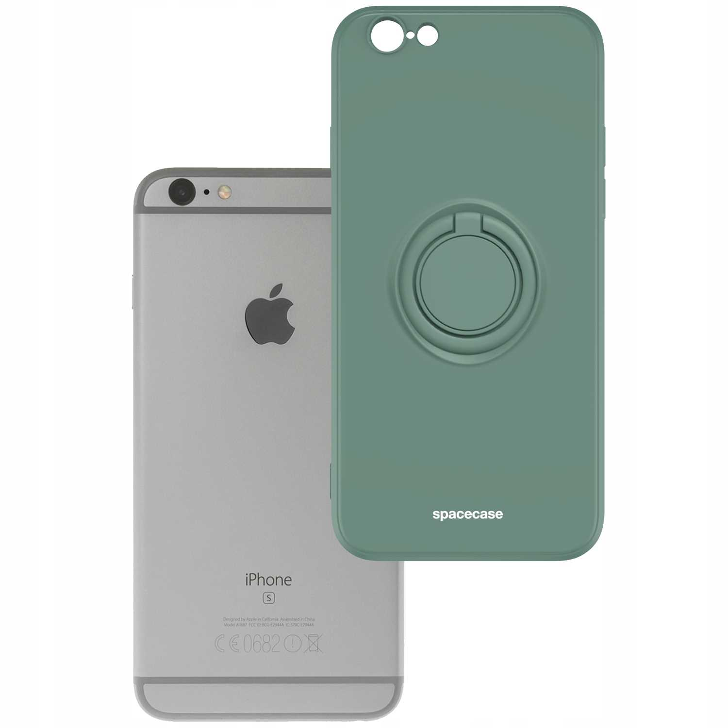 iPhone z zielonym etui i uchwytem na pierścień.