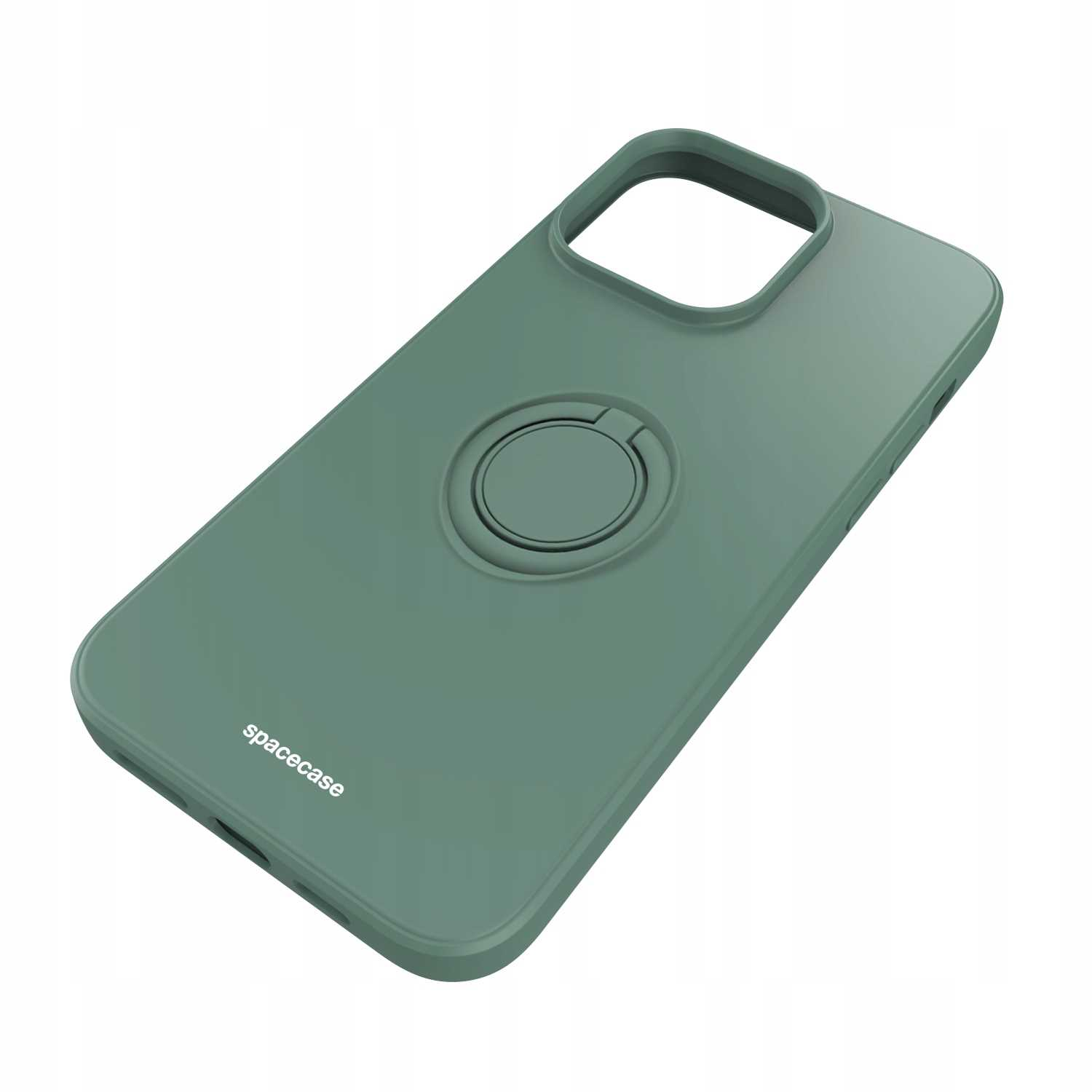 Zielone etui z uchwytem na pierścień. Na etui wydrukowano słowo "spacecase".