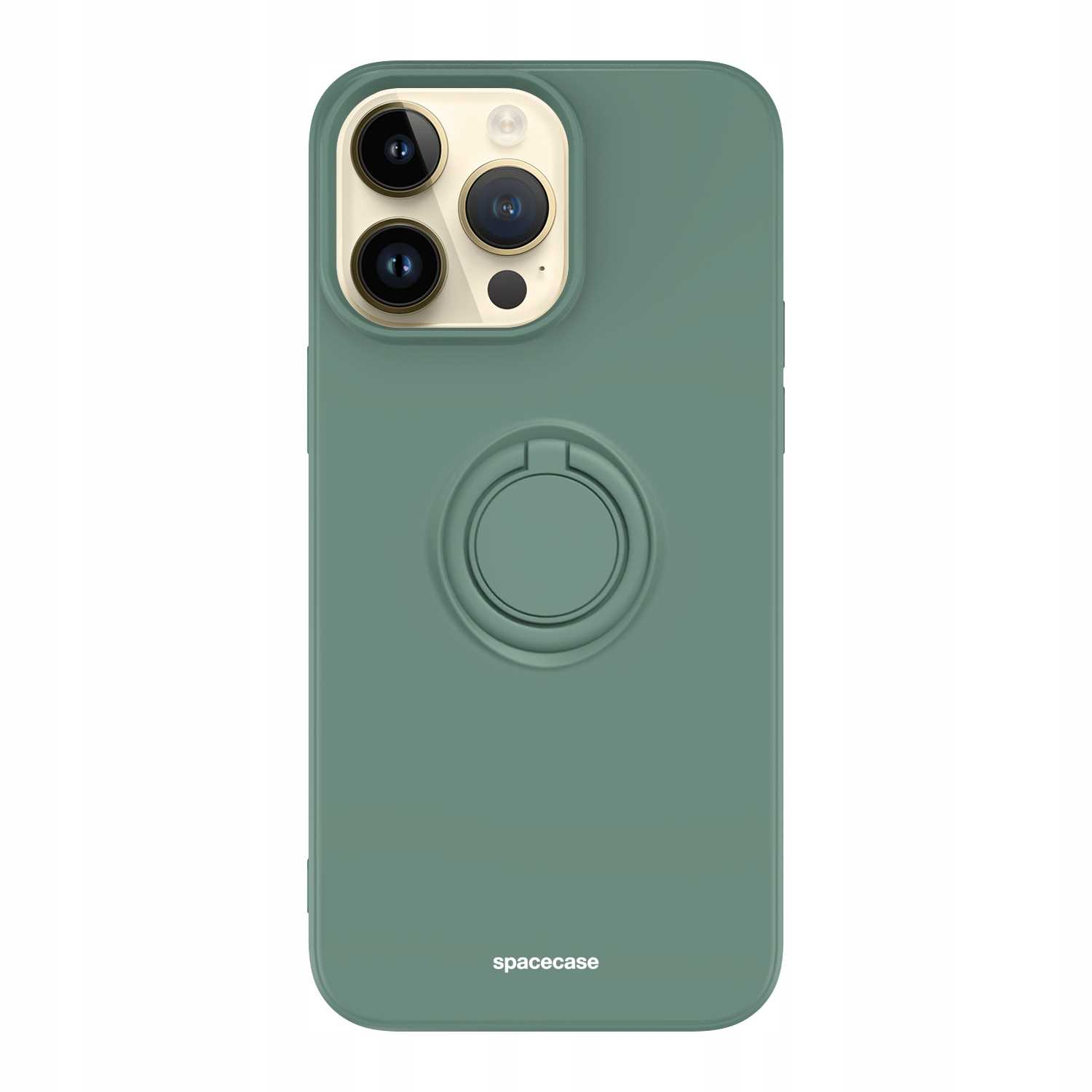 Zielone etui z aparatami i uchwytem na palec. Widoczna marka 'spacecase'.