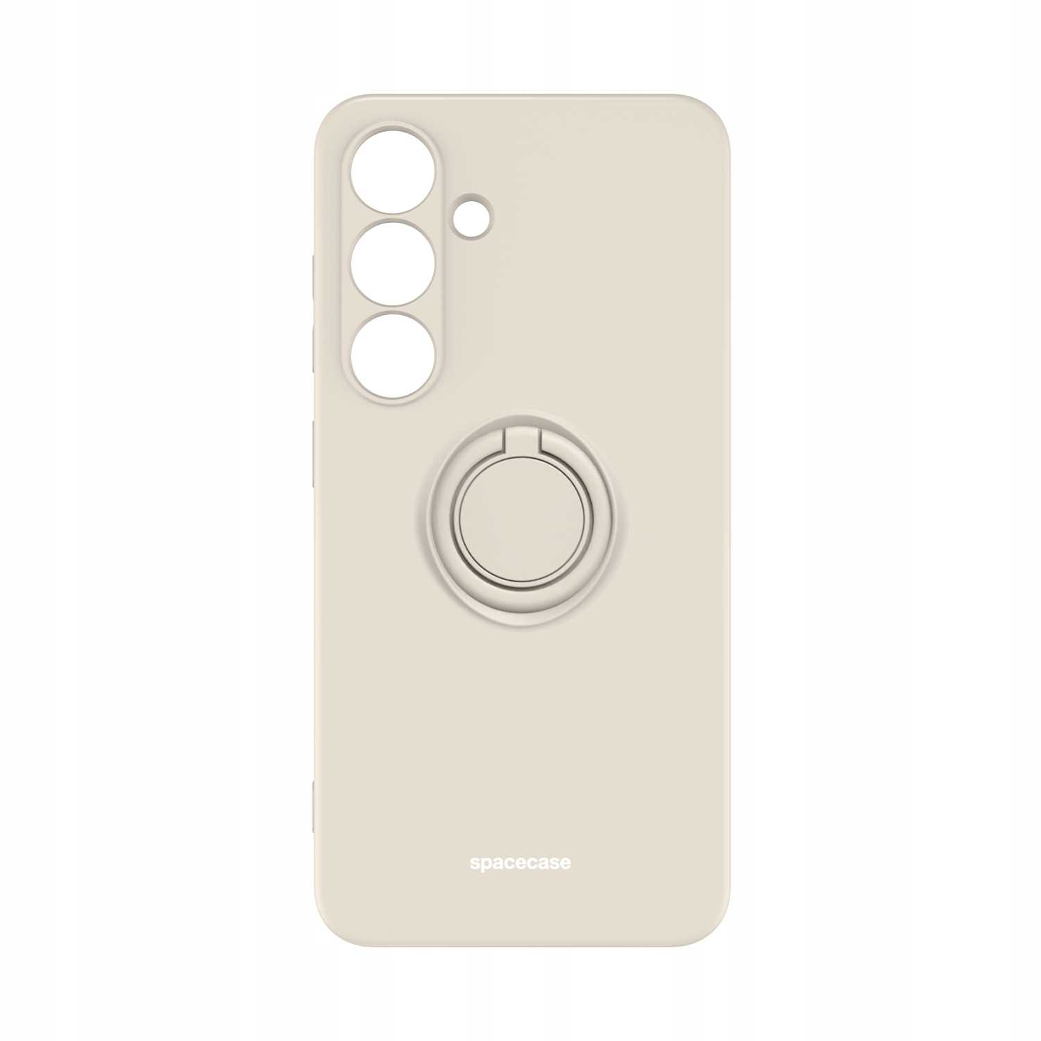 Kremowe etui z uchwytem na palec. Widoczna marka 'spacecase'.