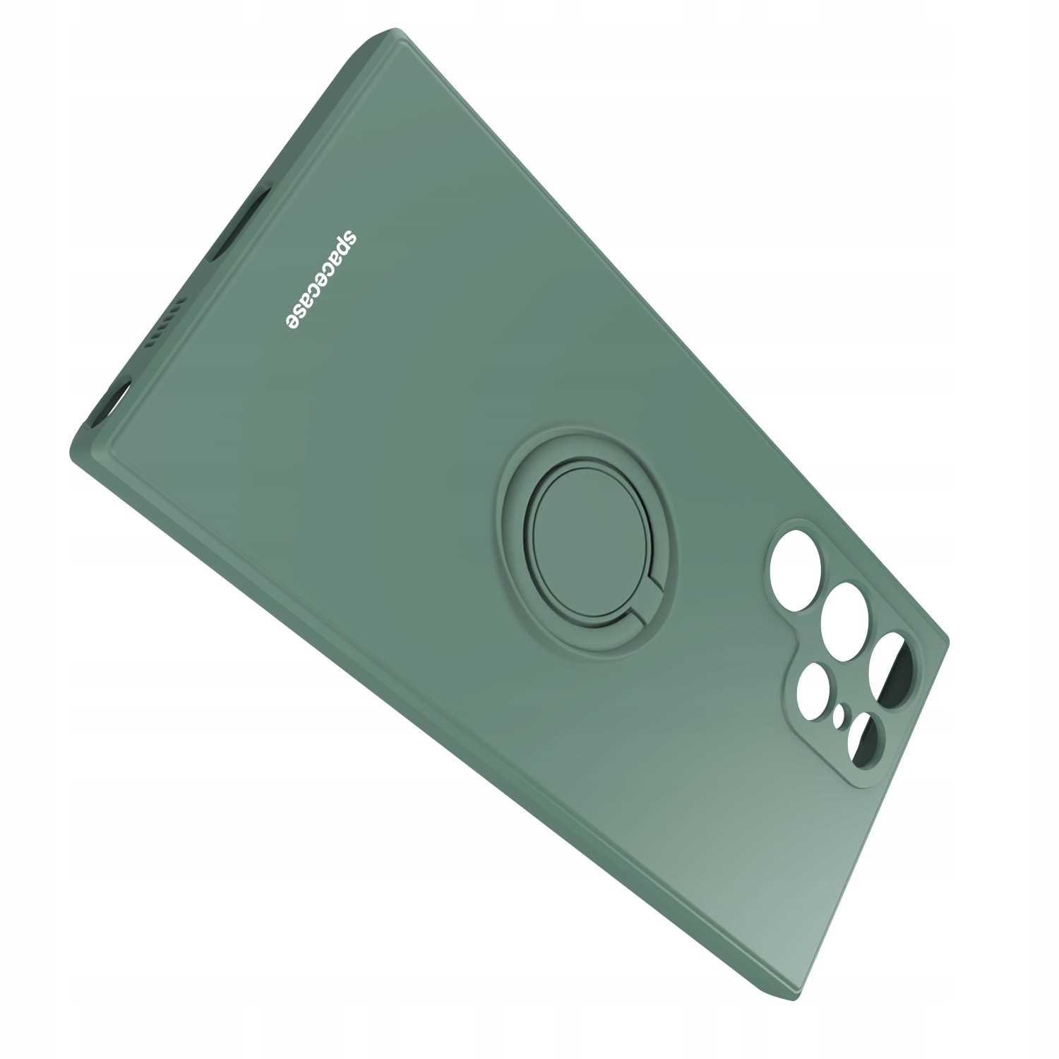 Zielone etui z uchwytem na palec w formie pierścienia. Etui posiada logo spacecase.