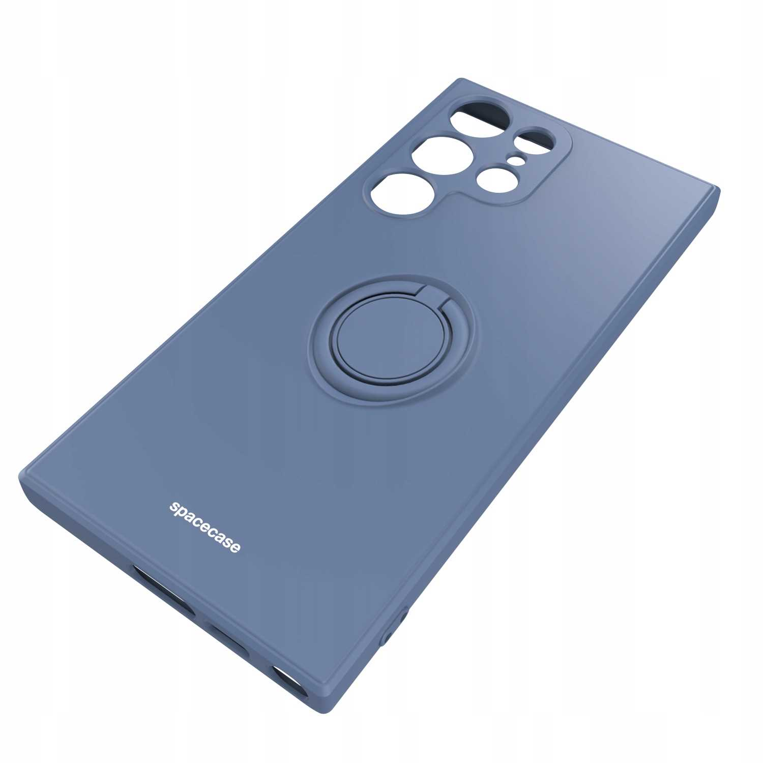 Niebieskie etui z uchwytem na palec w formie pierścienia. Etui posiada logo spacecase.