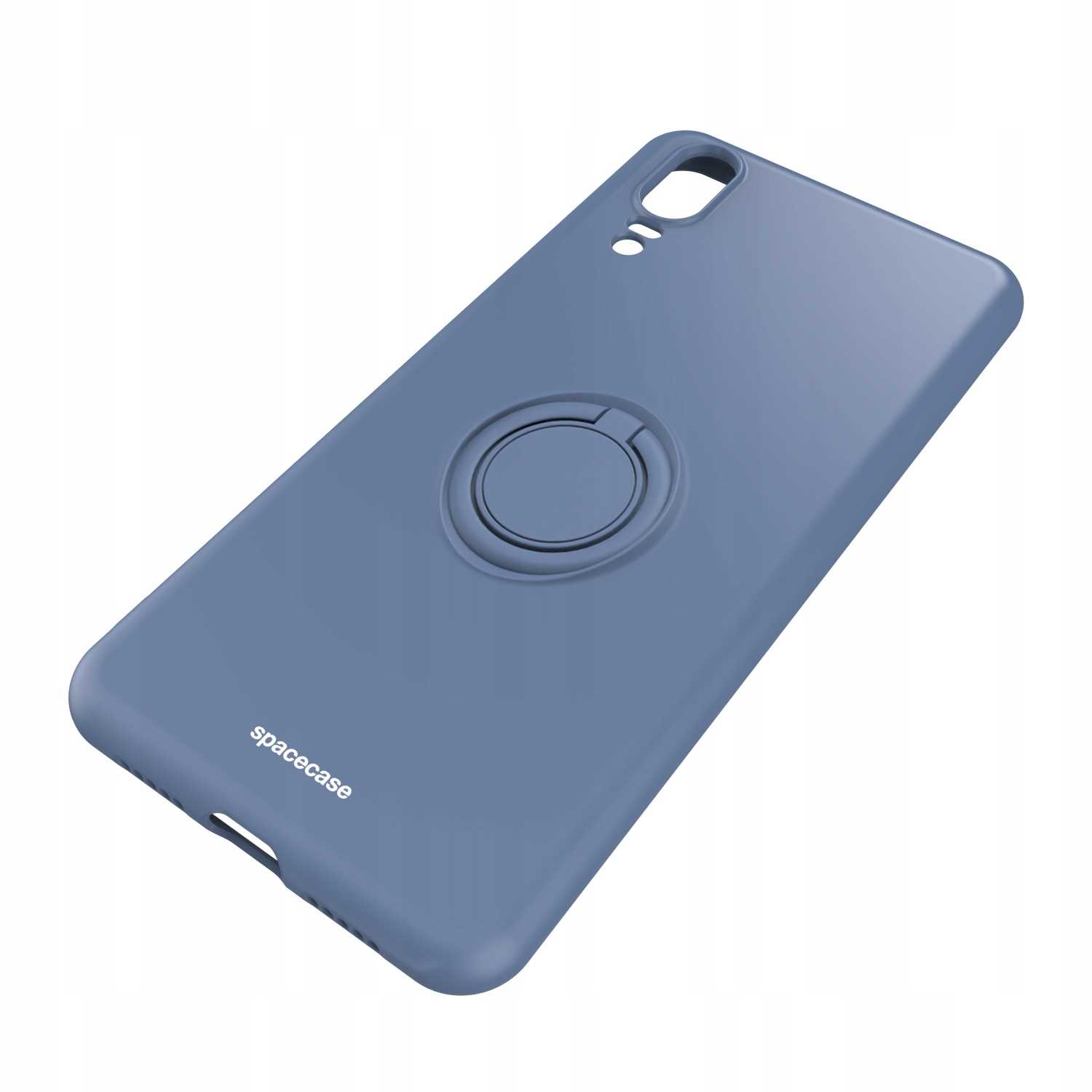 Niebieskie etui z uchwytem na pierścień. Logo Spacecase po lewej stronie u góry.