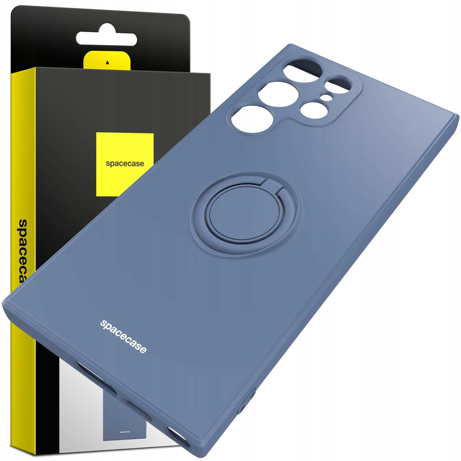 Niebieskie etui na telefon z pierścieniem i pudełkiem. Pudełko pokazuje 'spacecase'.