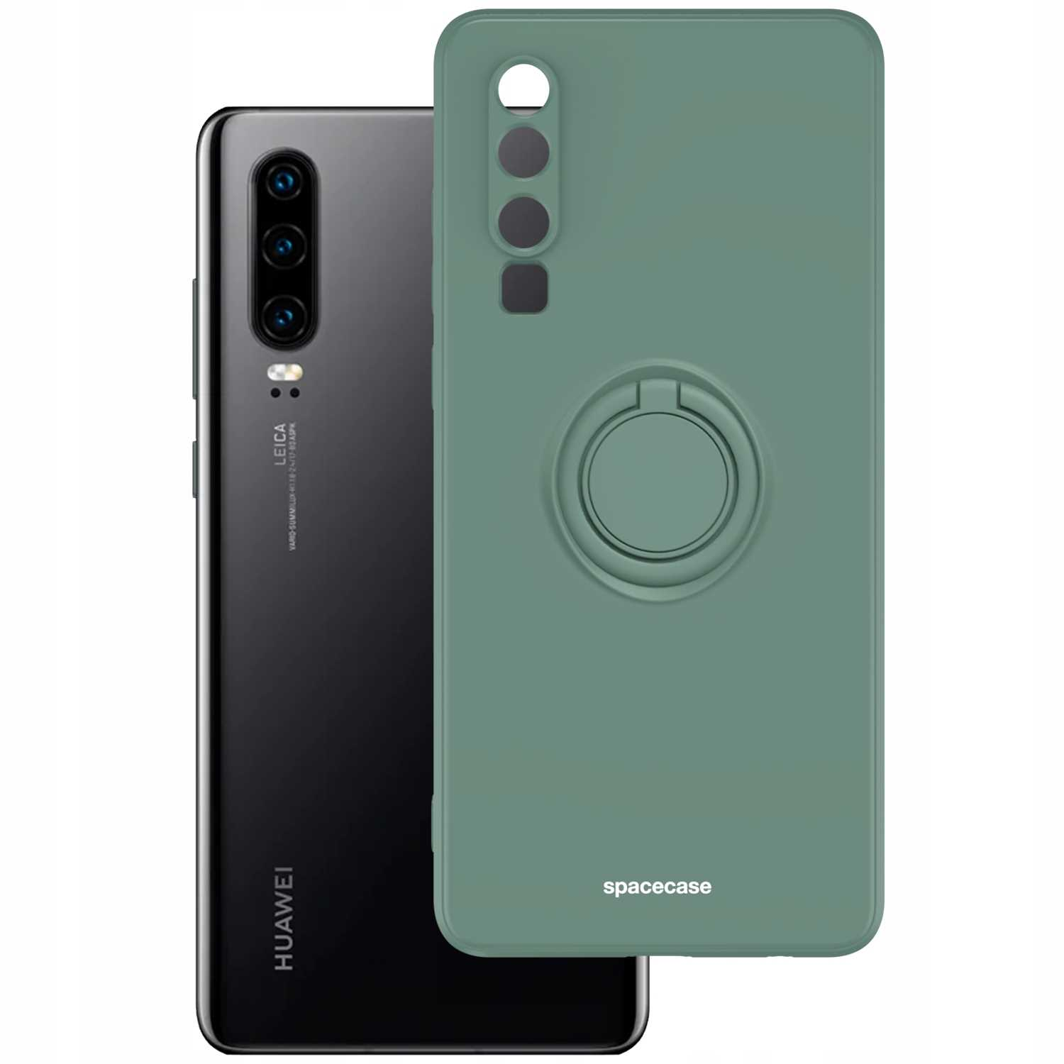 Zielone etui z pierścieniem i czarnym telefonem. Logo Spacecase na etui.