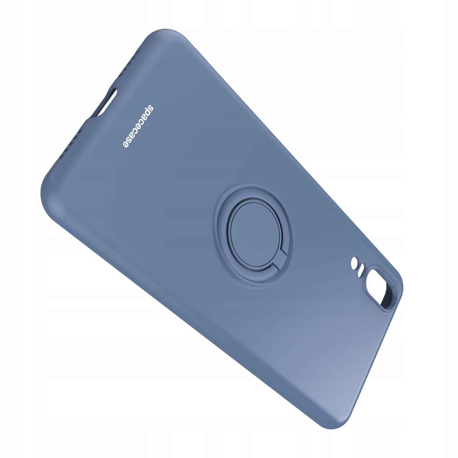 Niebieskie etui na telefon z uchwytem na pierścień, widok z góry. Logo 'spacecase'.