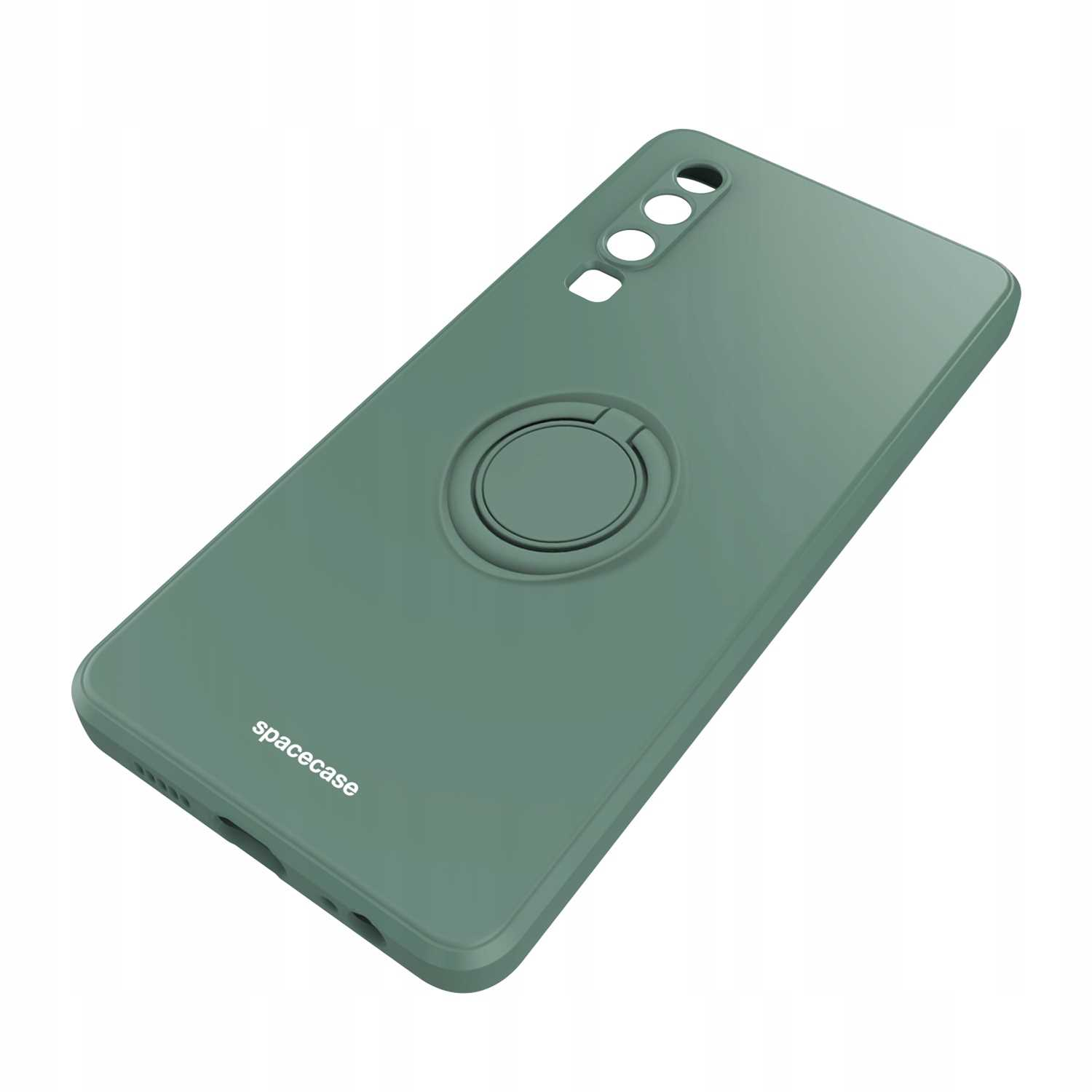 Zielone etui na telefon z uchwytem na pierścień, widok z góry. Logo 'spacecase'.