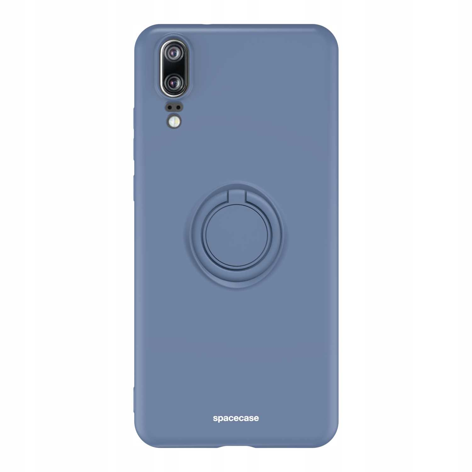 Niebieskie etui z uchwytem na pierścień. Logo Spacecase na dole etui.