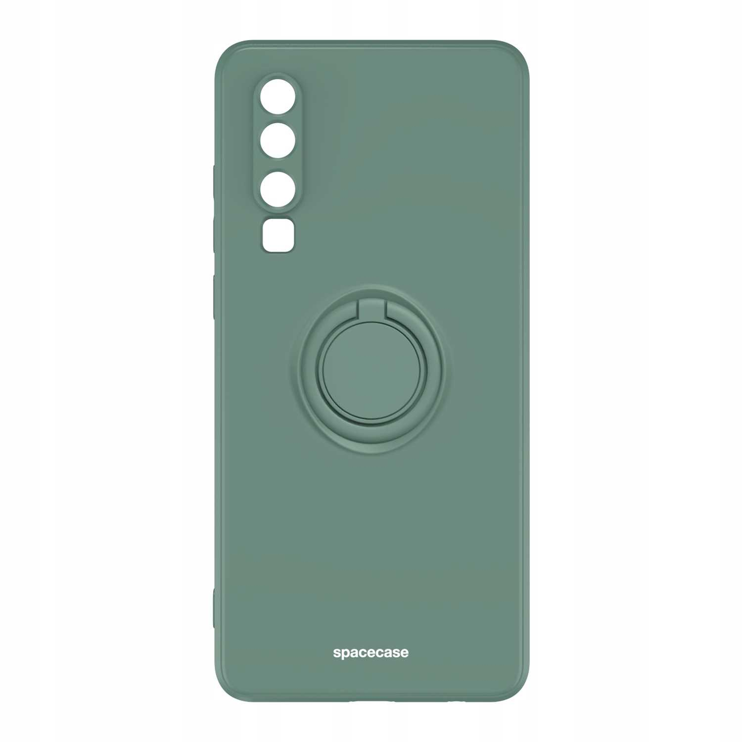 Zielone etui na telefon z uchwytem na pierścień i logo 'spacecase'. Wycięcie na aparat.