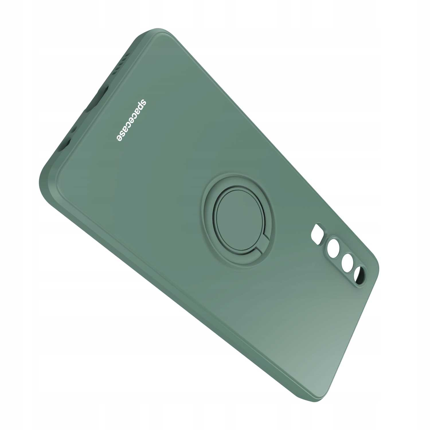 Zielone etui na telefon z uchwytem na pierścień, widok z góry. Logo 'spacecase'.