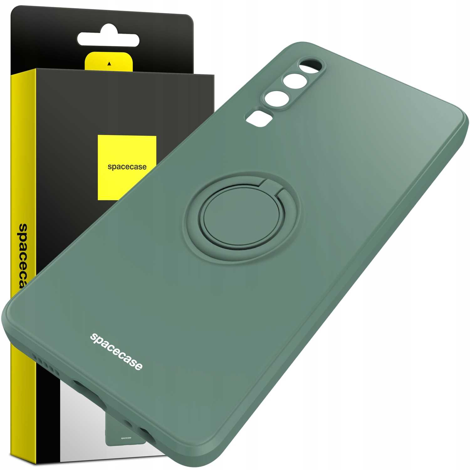 Zielone etui na telefon z uchwytem na pierścień, przed pudełkiem z logo Spacecase.