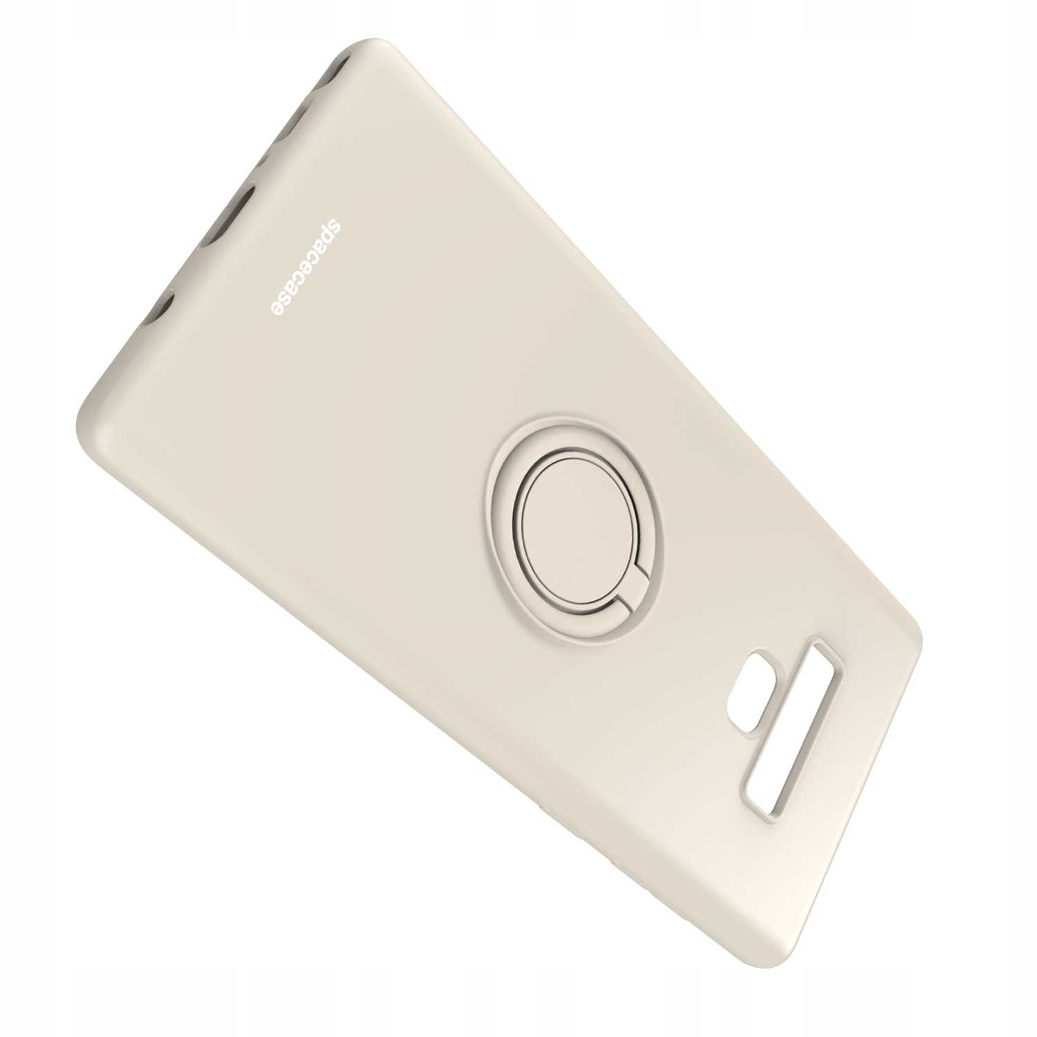 Beżowe etui na telefon z uchwytem na pierścień, skierowane do widza, na białym tle.