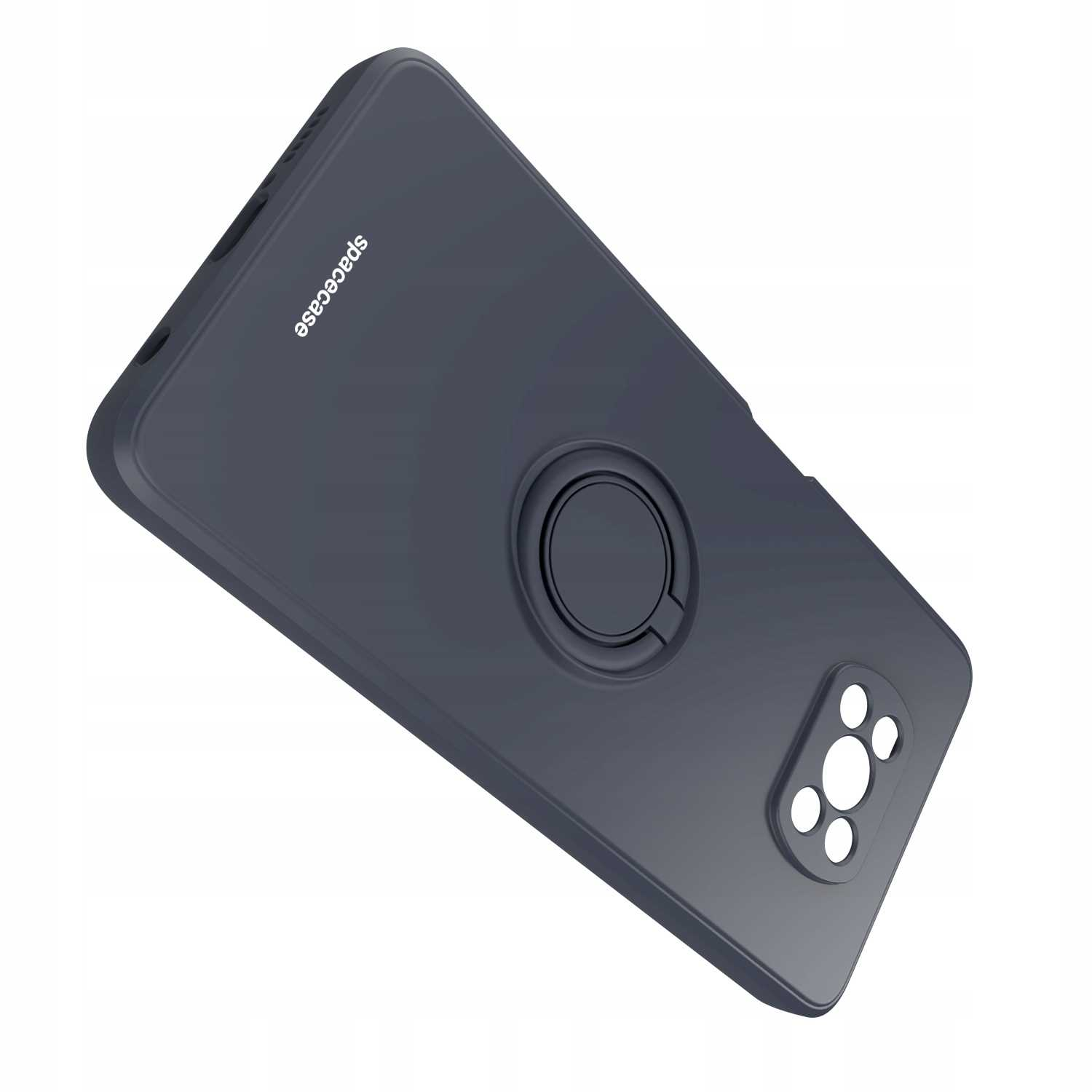Czarne etui z uchwytem na palec. Marka 'spacecase' widoczna.