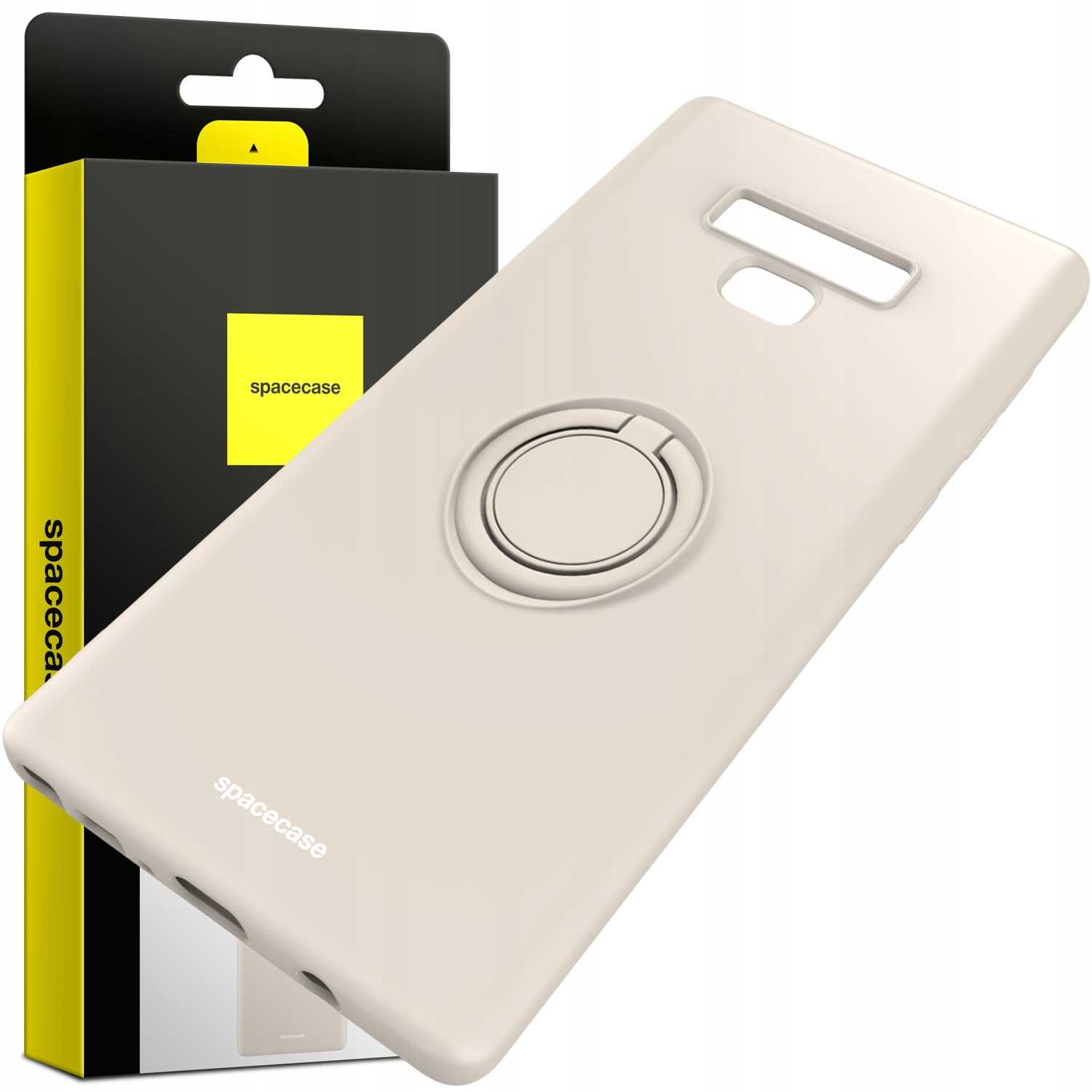 Kremowe etui z uchwytem i pudełkiem. Marka 'spacecase' obecna.