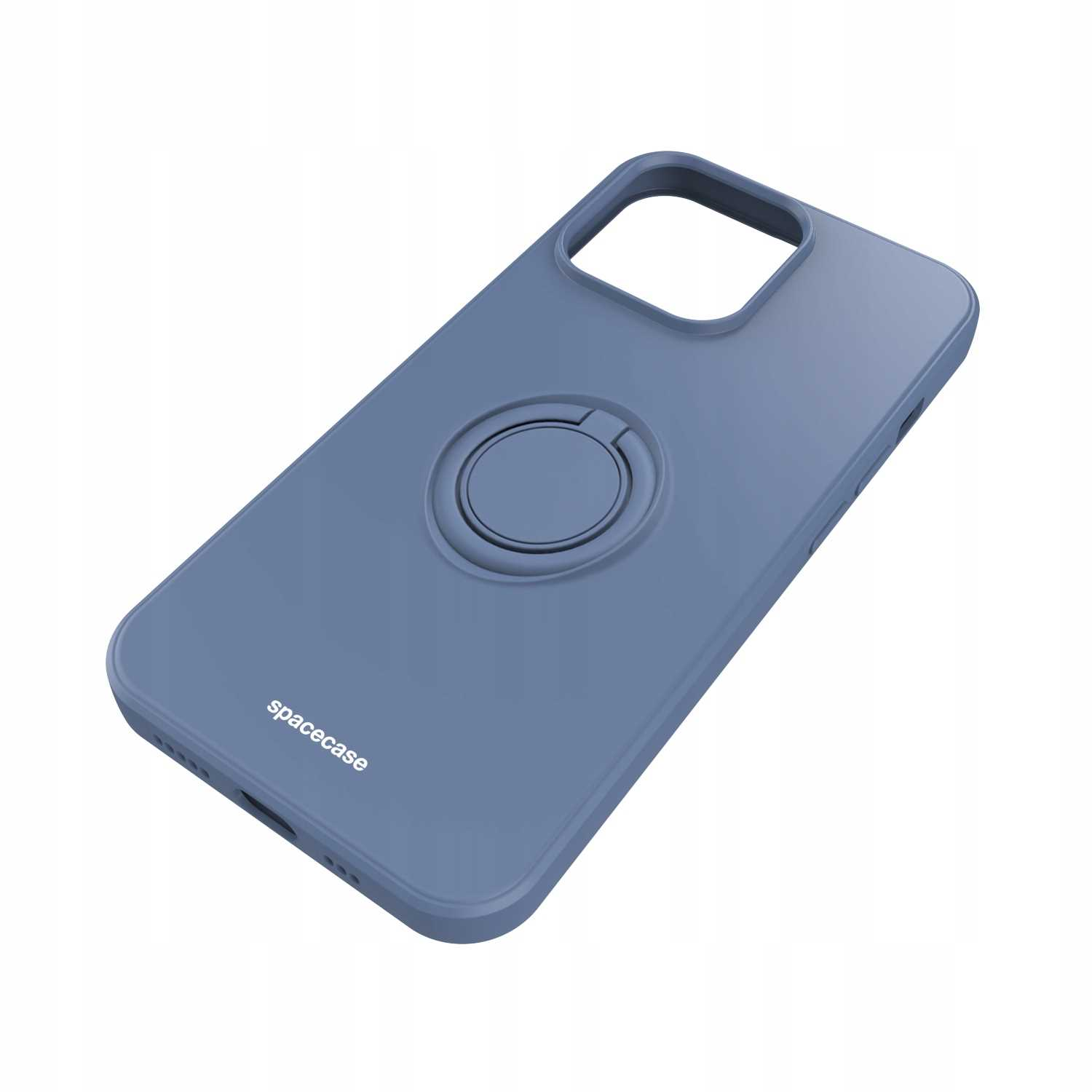 Niebieskie etui na telefon z uchwytem na pierścień. Etui ma wycięcie na aparat i nazwę marki.