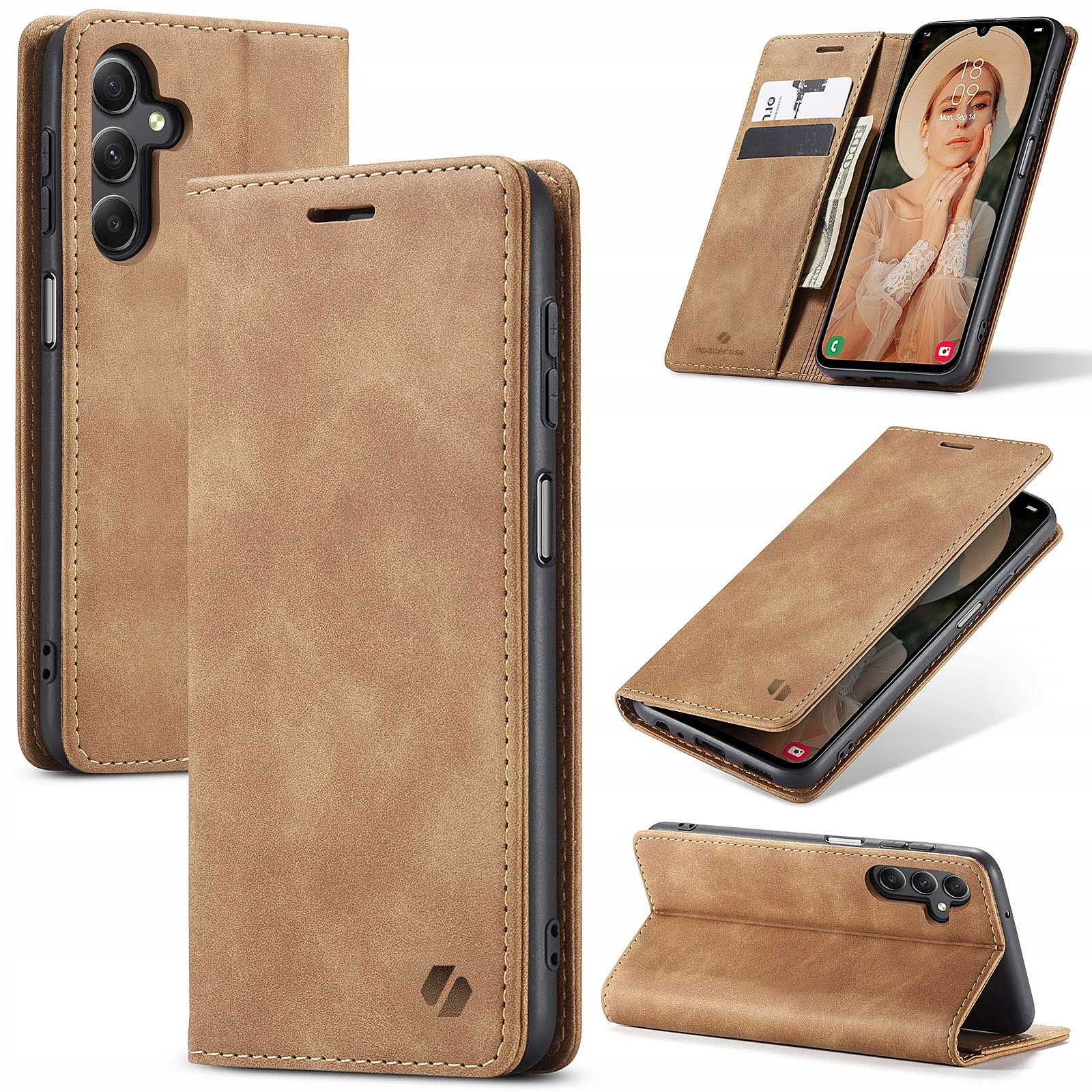 Brązowe skórzane etui na telefon, w wielu pozycjach, otwarte i zamknięte, pokazujące telefon i karty.